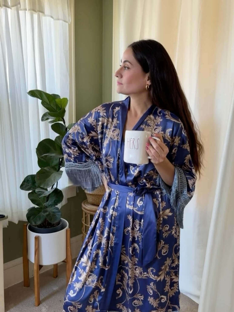Ulivary Tassels Blue Kimono Robe
