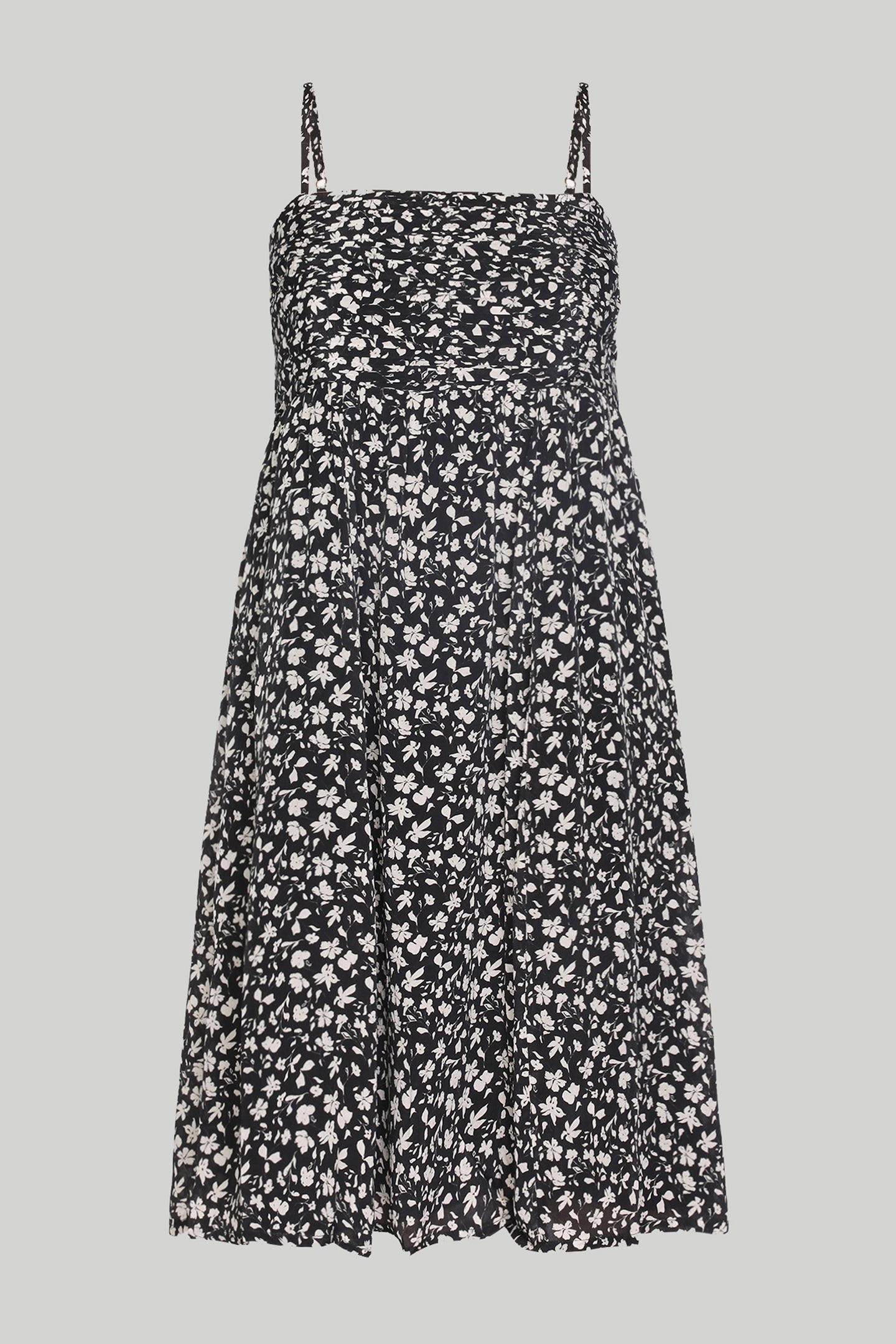 Reistor Ruched Strappy Mini Black Floral Dress