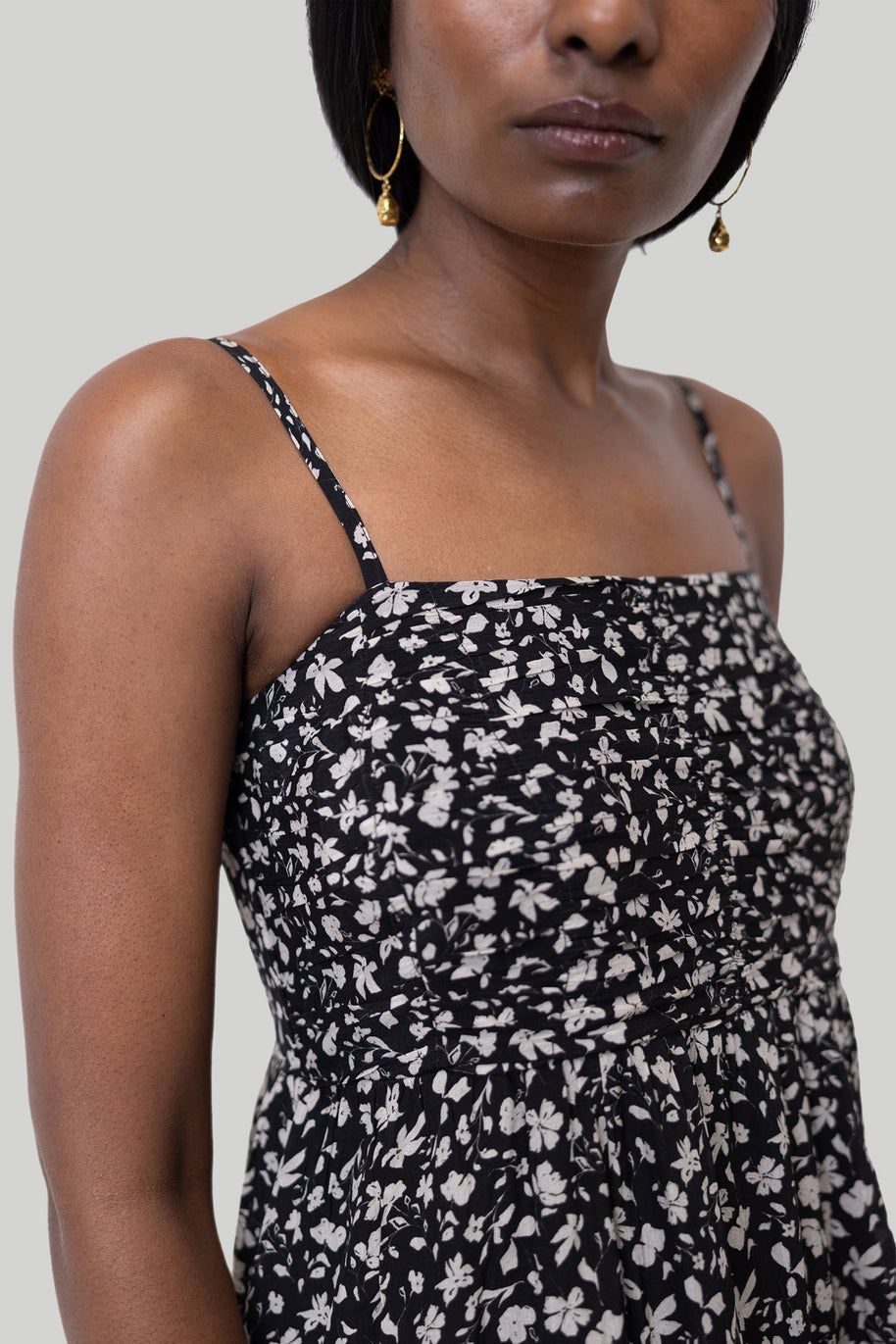 Reistor Ruched Strappy Mini Black Floral Dress