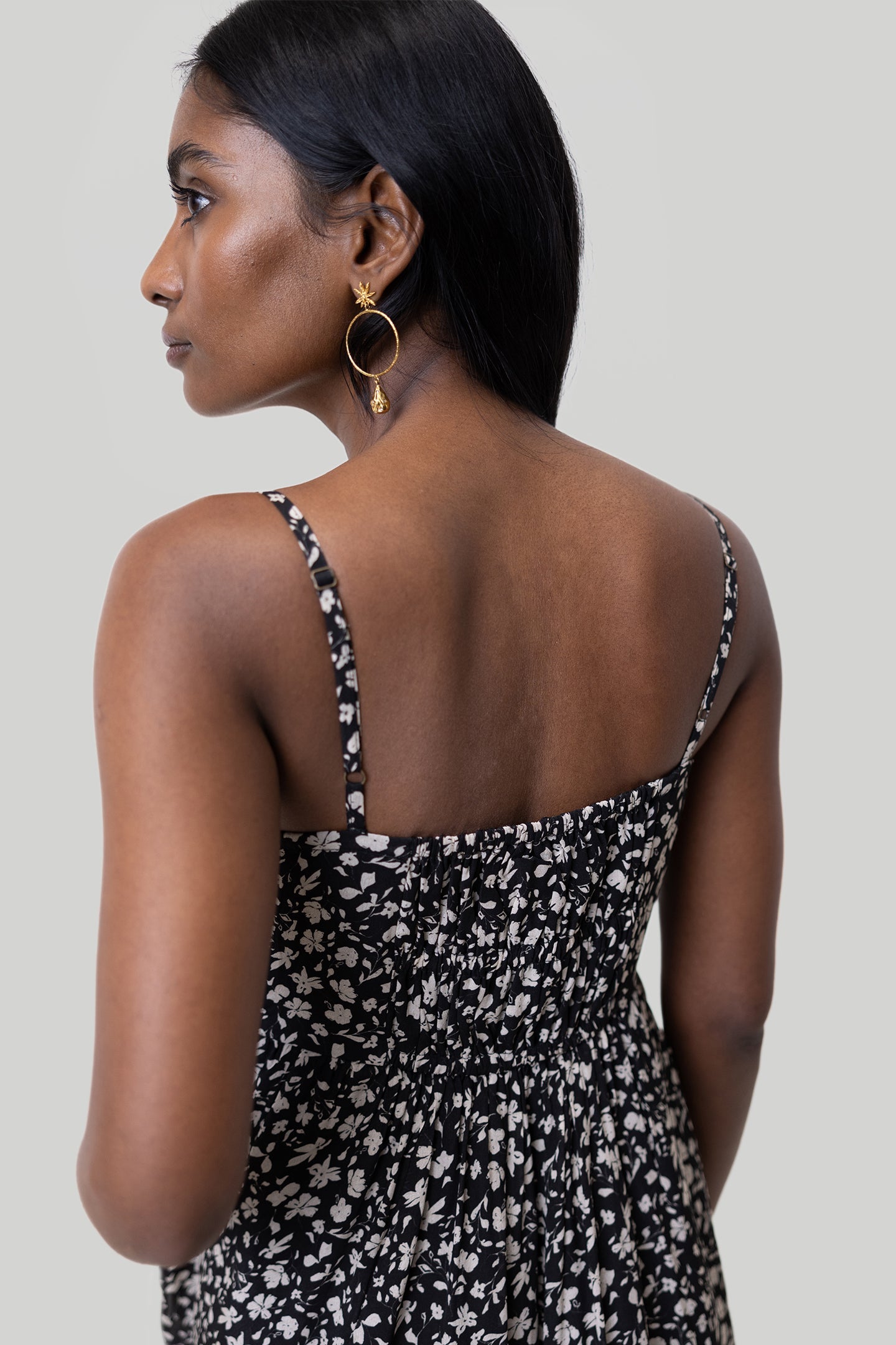 Reistor Ruched Strappy Mini Black Floral Dress
