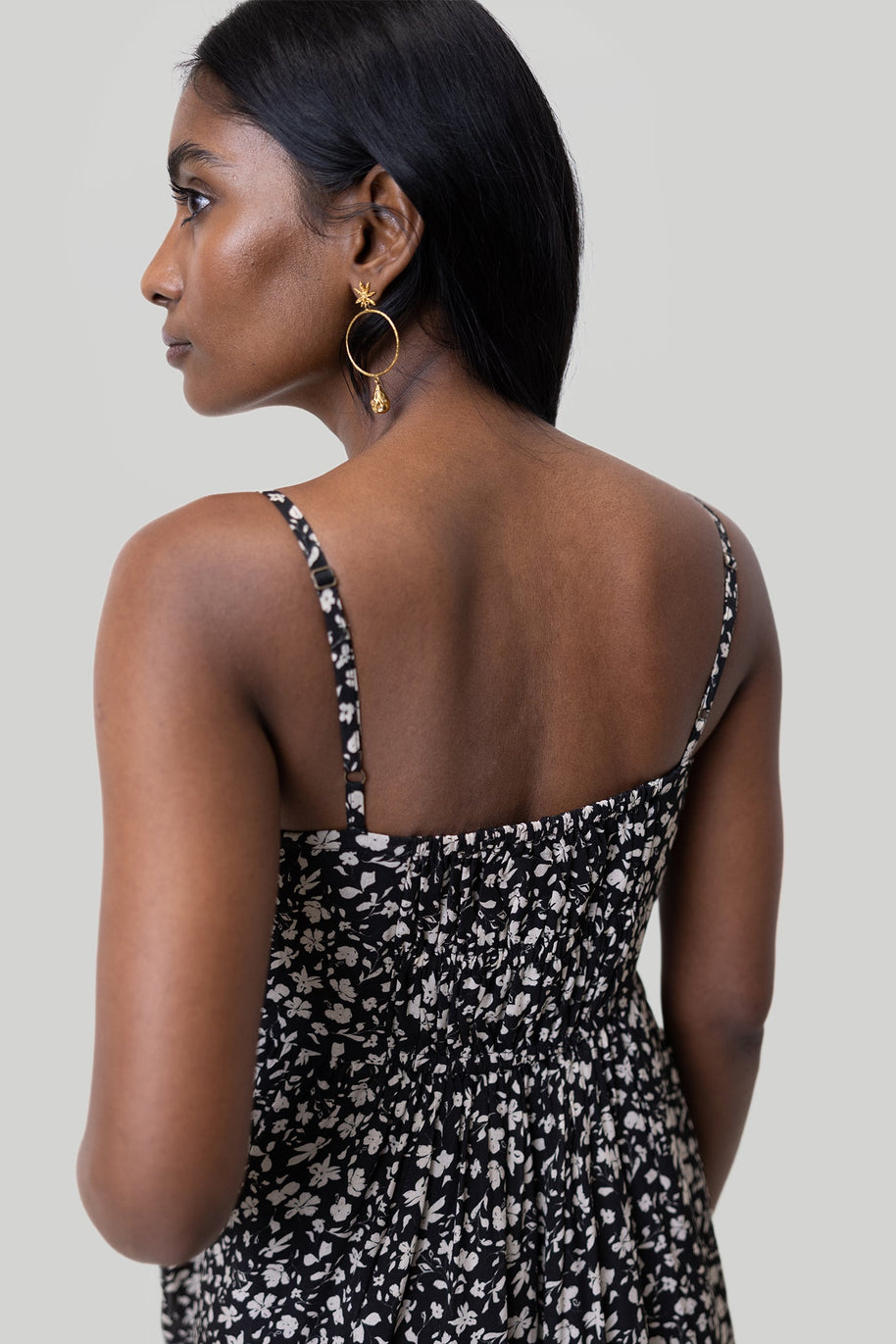 Reistor Ruched Strappy Mini Black Floral Dress