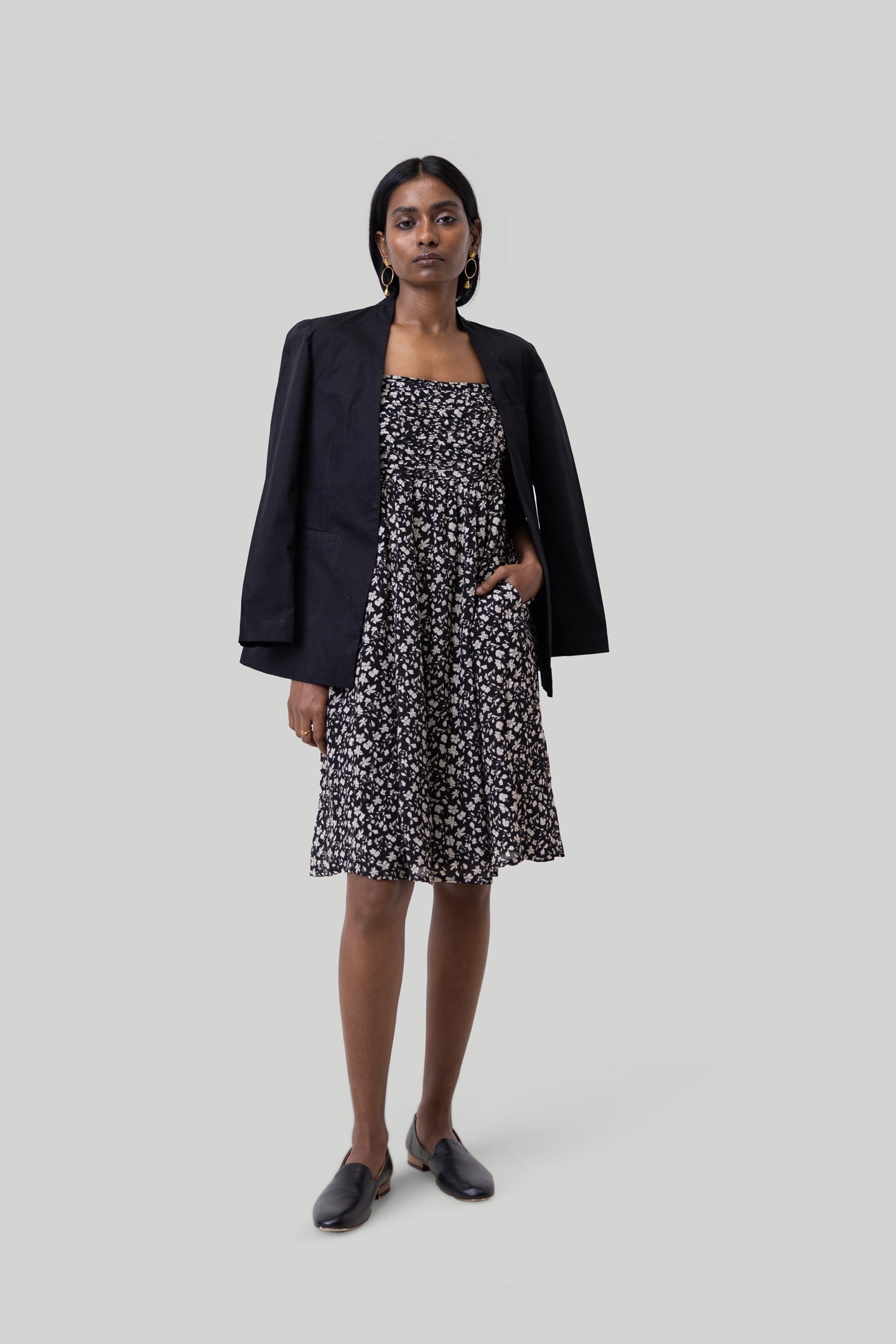 Reistor Ruched Strappy Mini Black Floral Dress