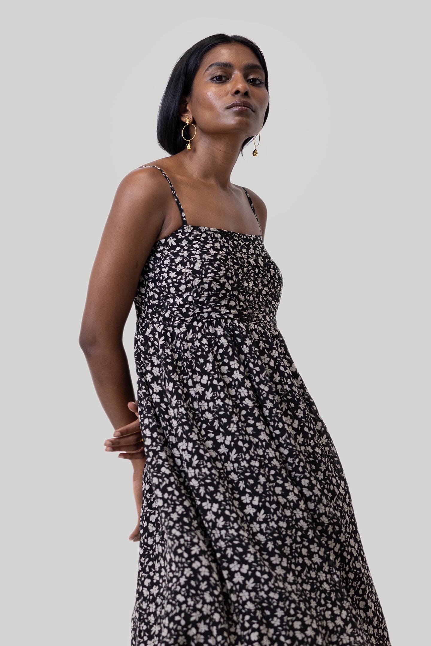 Reistor Ruched Strappy Mini Black Floral Dress