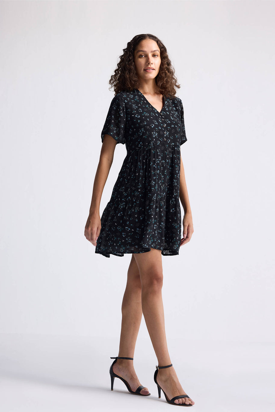 Reistor Floral Short Tiered Dress in Dark Blue