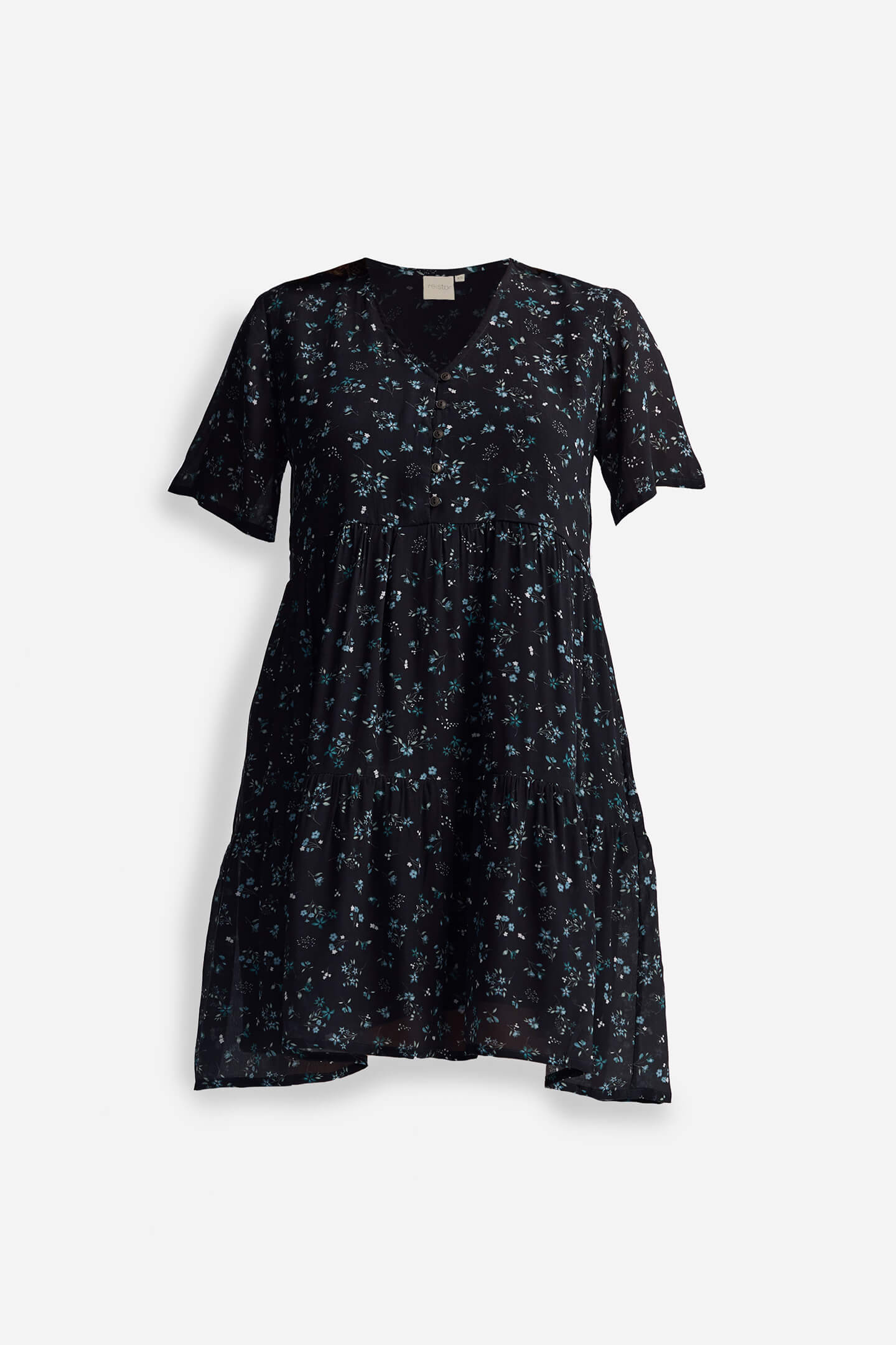 Reistor Floral Short Tiered Dress in Dark Blue