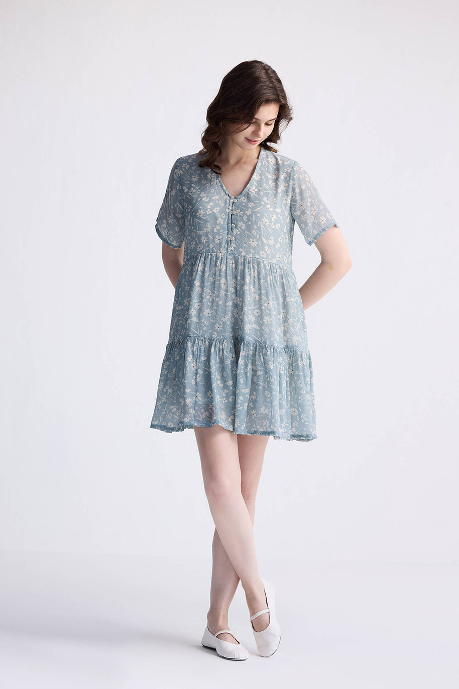 Reistor Floral Short Tiered dress in Light Blue