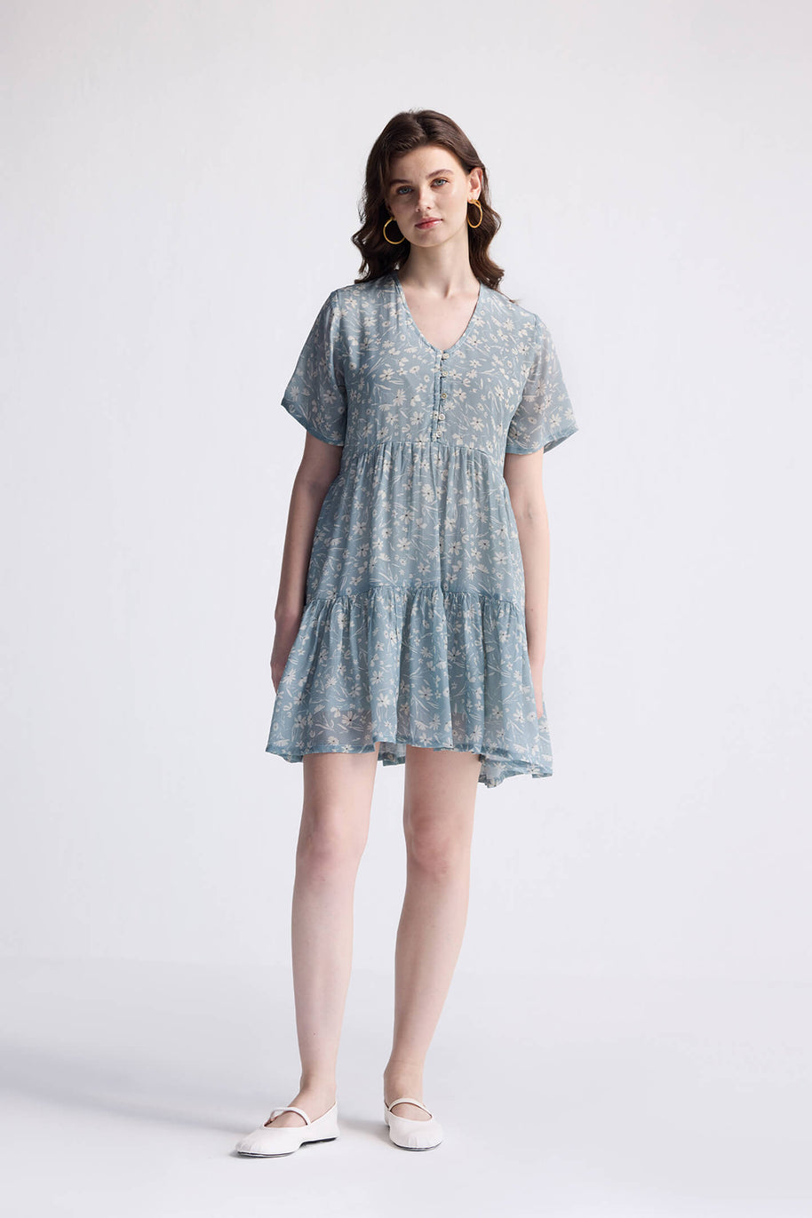 Reistor Floral Short Tiered dress in Light Blue
