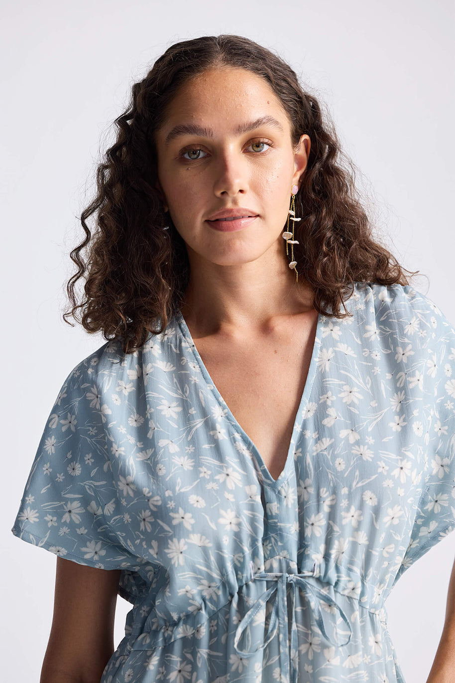 Reistor Gathered Maxi Dress in Light Blue Florals