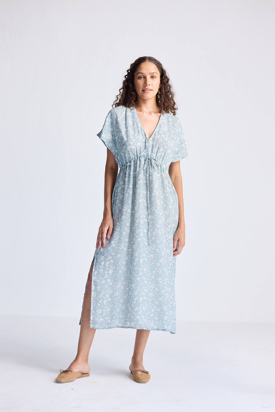 Reistor Gathered Maxi Dress in Light Blue Florals