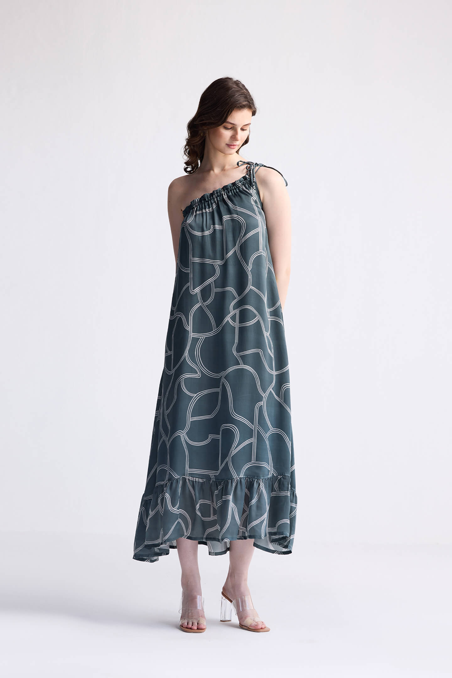 Reistor One Shoulder Maxi Dress in Abstract Stripes
