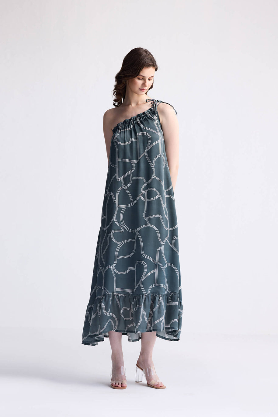 Reistor One Shoulder Maxi Dress in Abstract Stripes