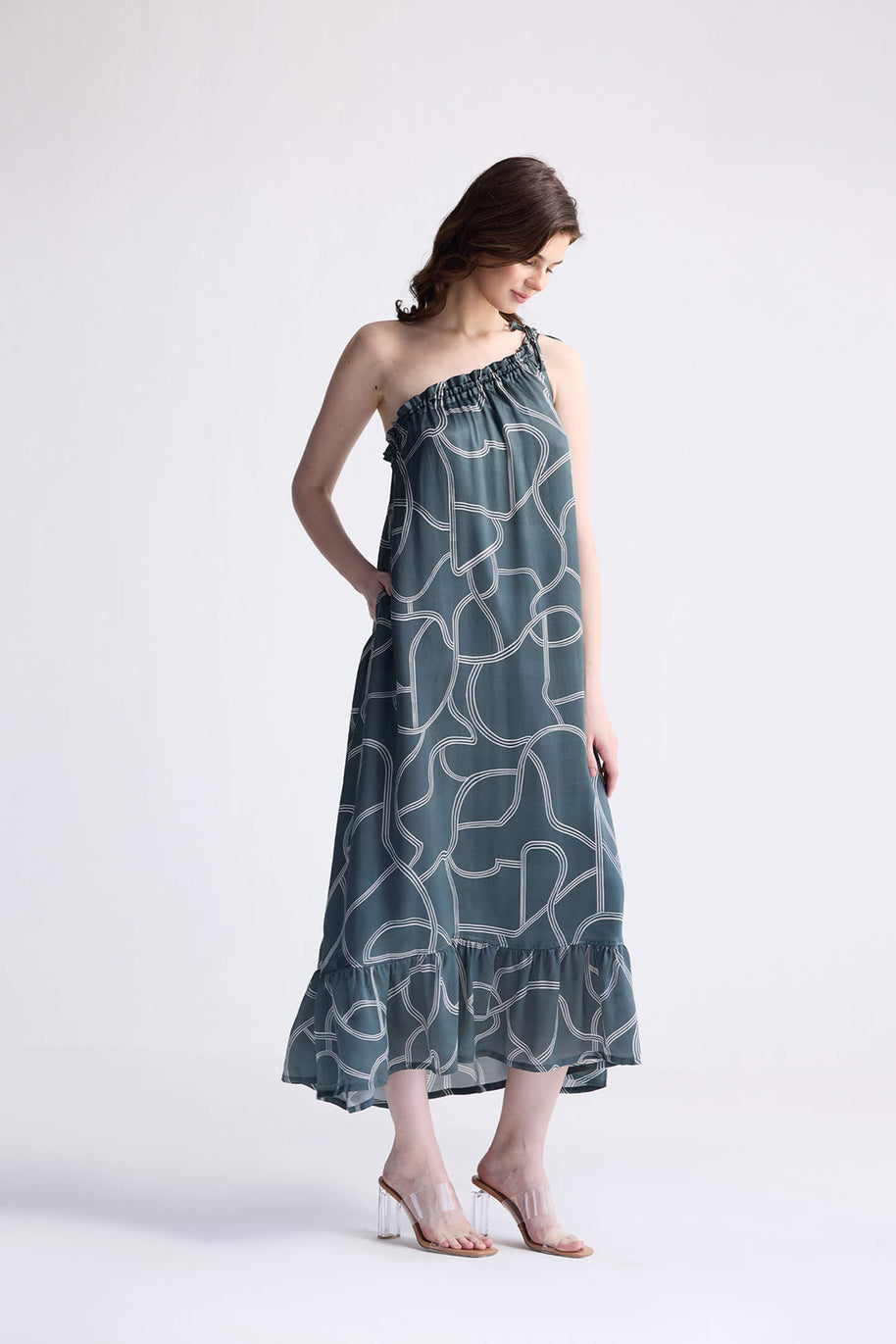 Reistor One Shoulder Maxi Dress in Abstract Stripes