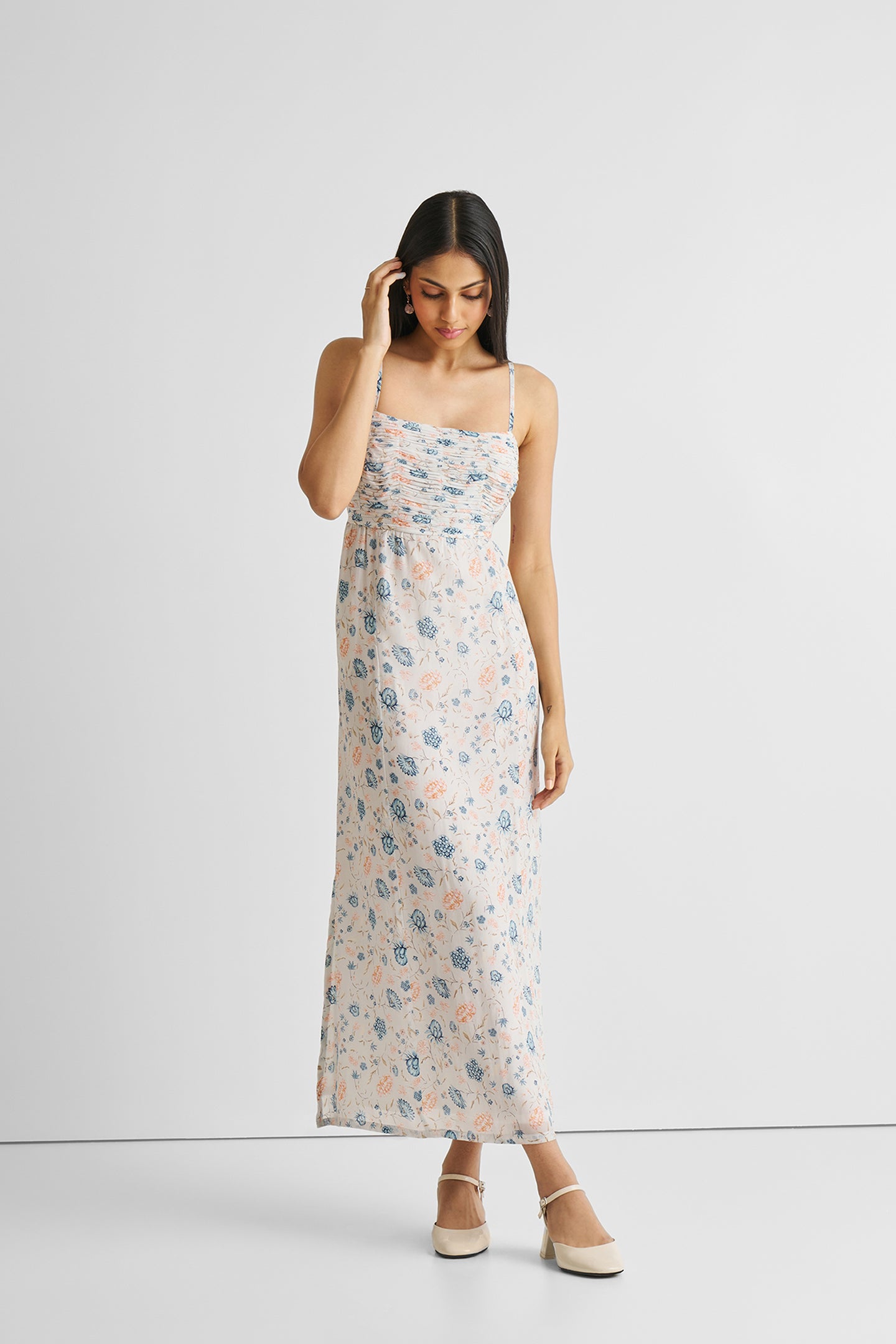 Reistor Ruched Floral Strappy Maxi Dress