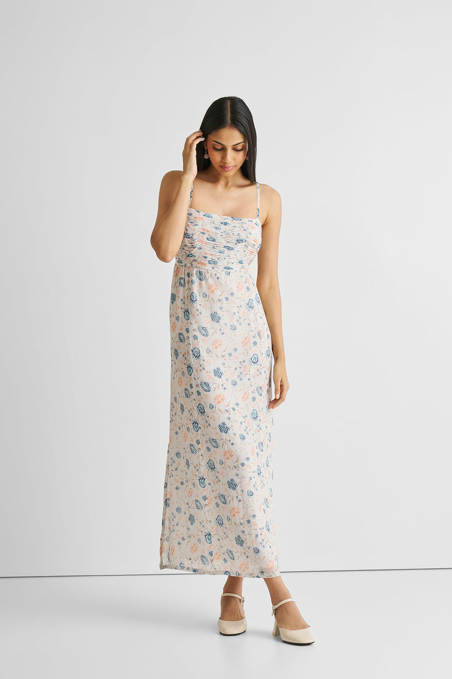 Reistor Ruched Floral Strappy Maxi Dress