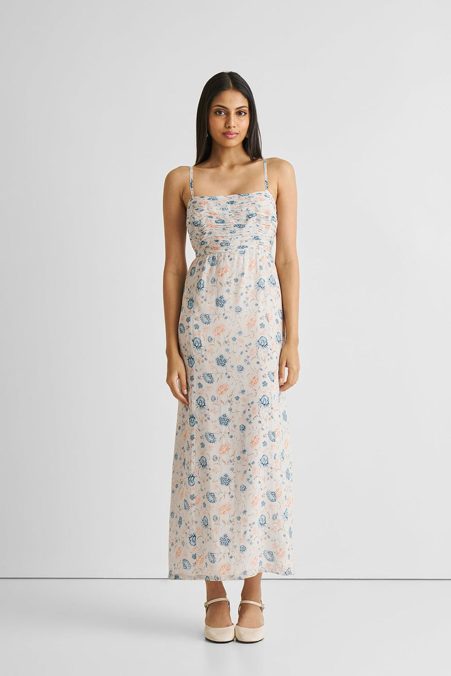 Reistor Ruched Floral Strappy Maxi Dress