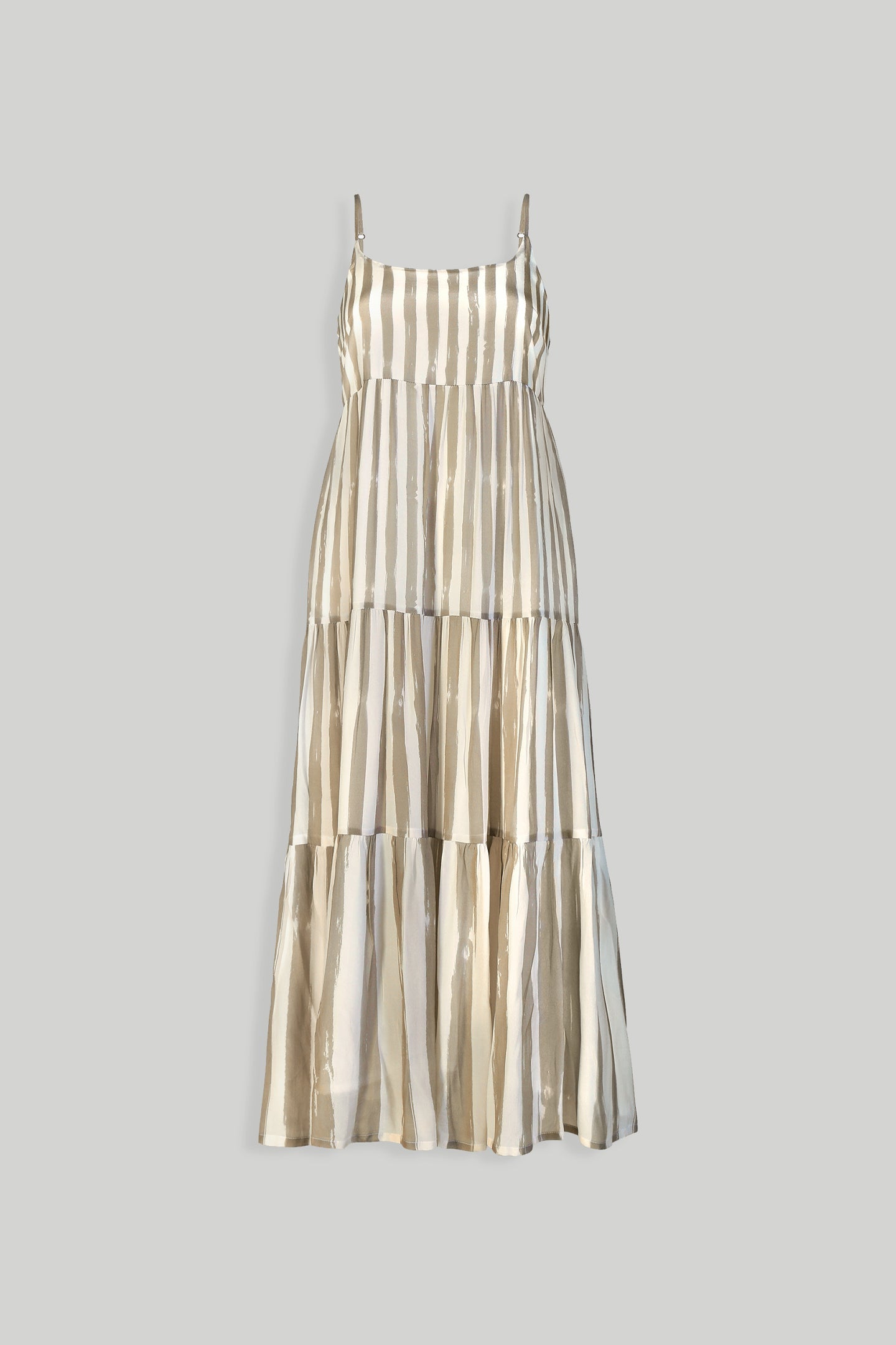 Reistor Strappy Tiered Maxi Dress in Beige Stripes