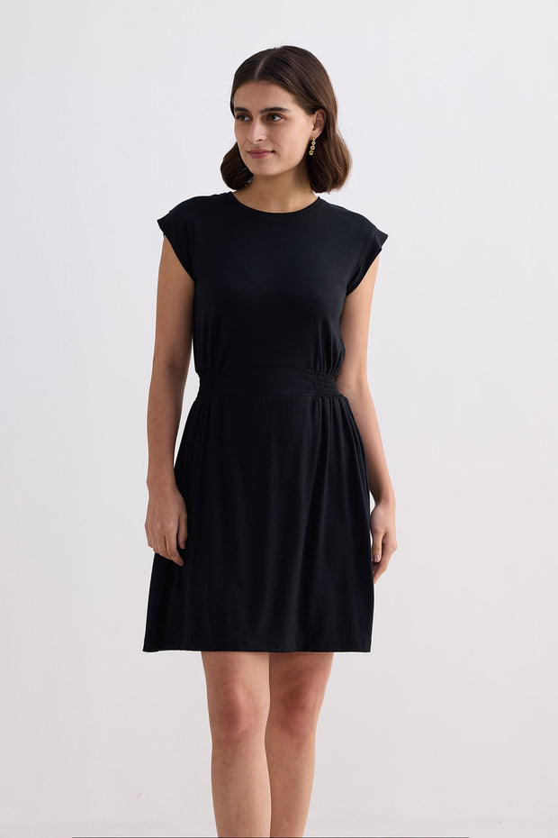Reistor Short Dress With Smocking Side Detail in Black