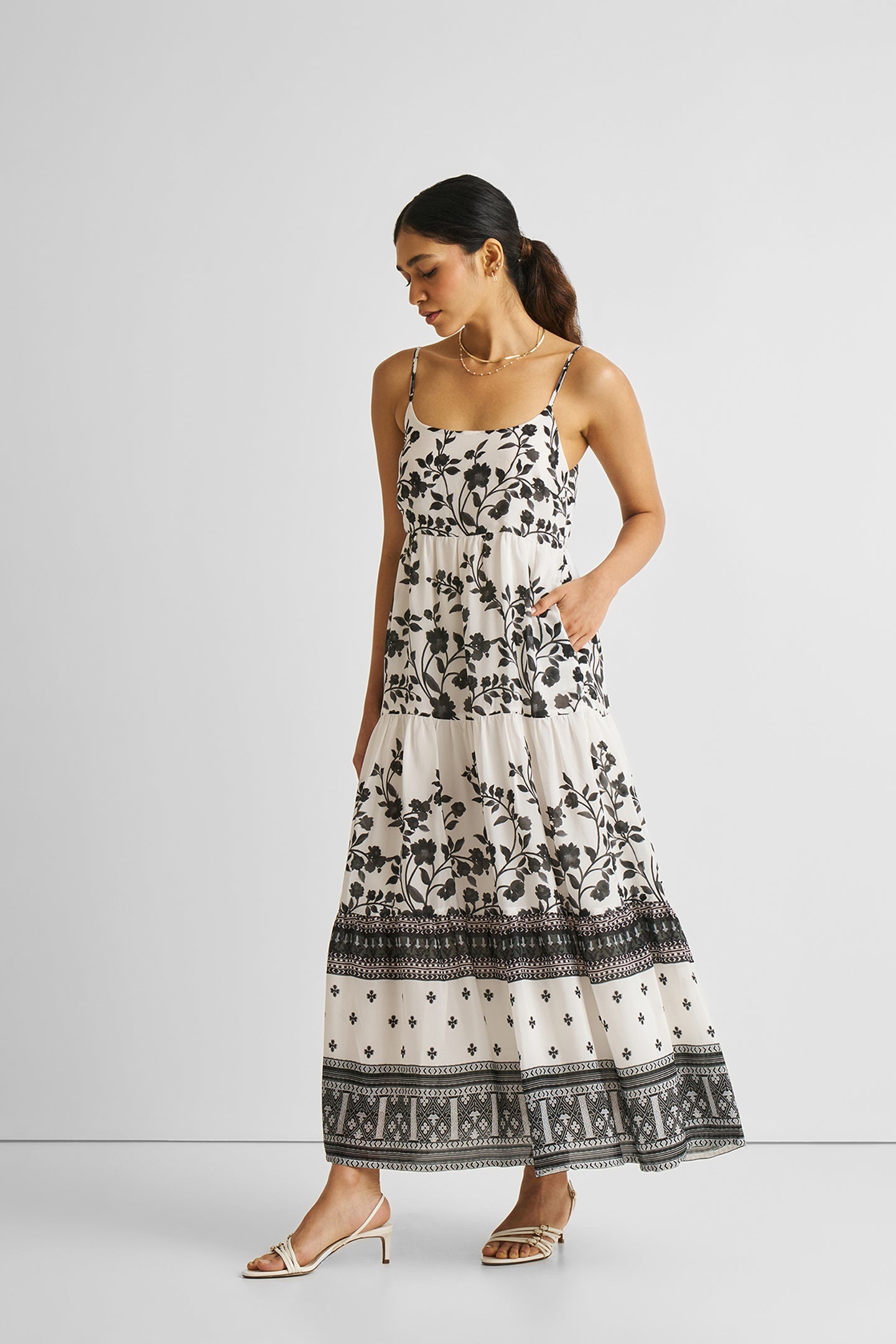 Reistor Strappy Tiered Maxi Dress in Florals