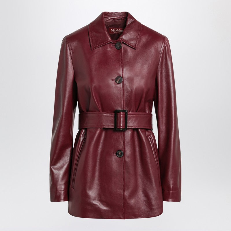 Max Mara Studio Jacket With Belt In Bordeaux Nappa Leather