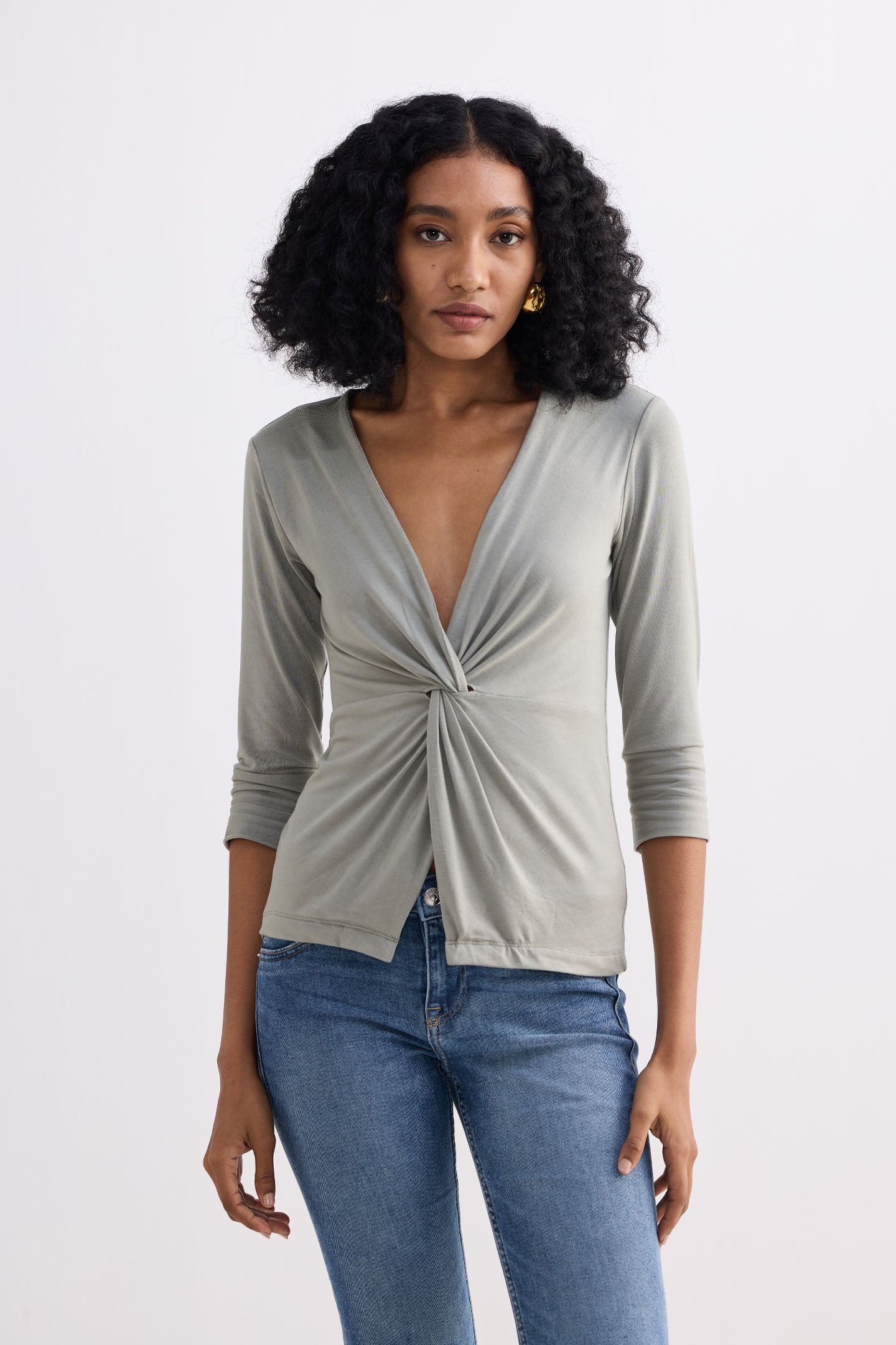 Twist Front Knit Shirt In Light Olive
