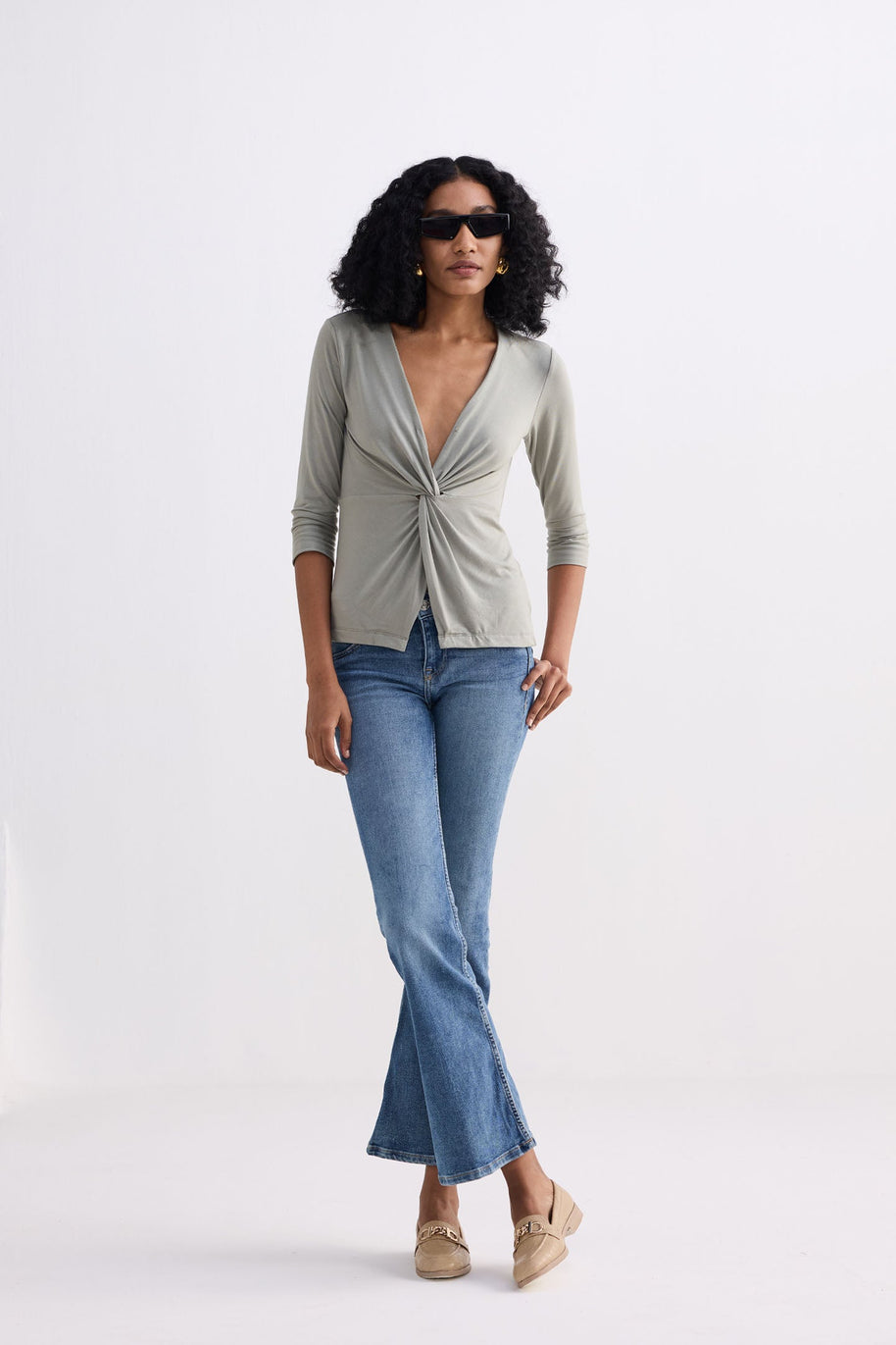 Twist Front Knit Shirt In Light Olive