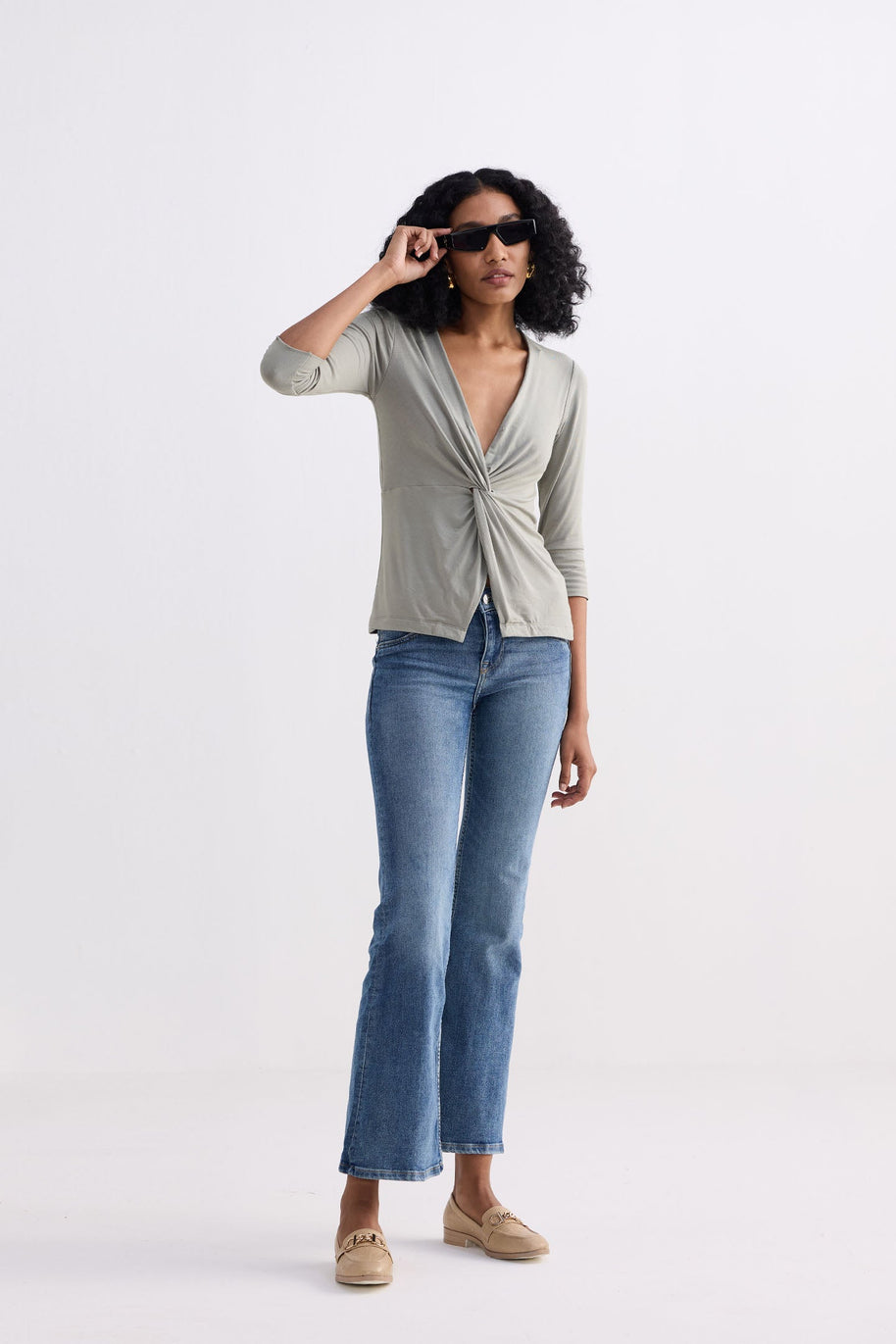 Twist Front Knit Shirt In Light Olive