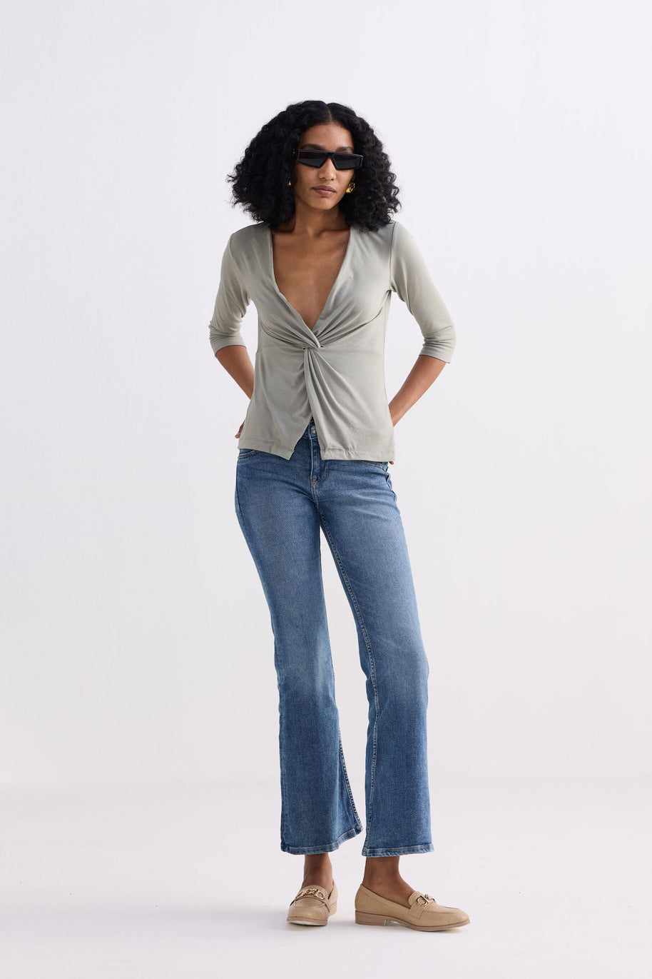 Twist Front Knit Shirt In Light Olive