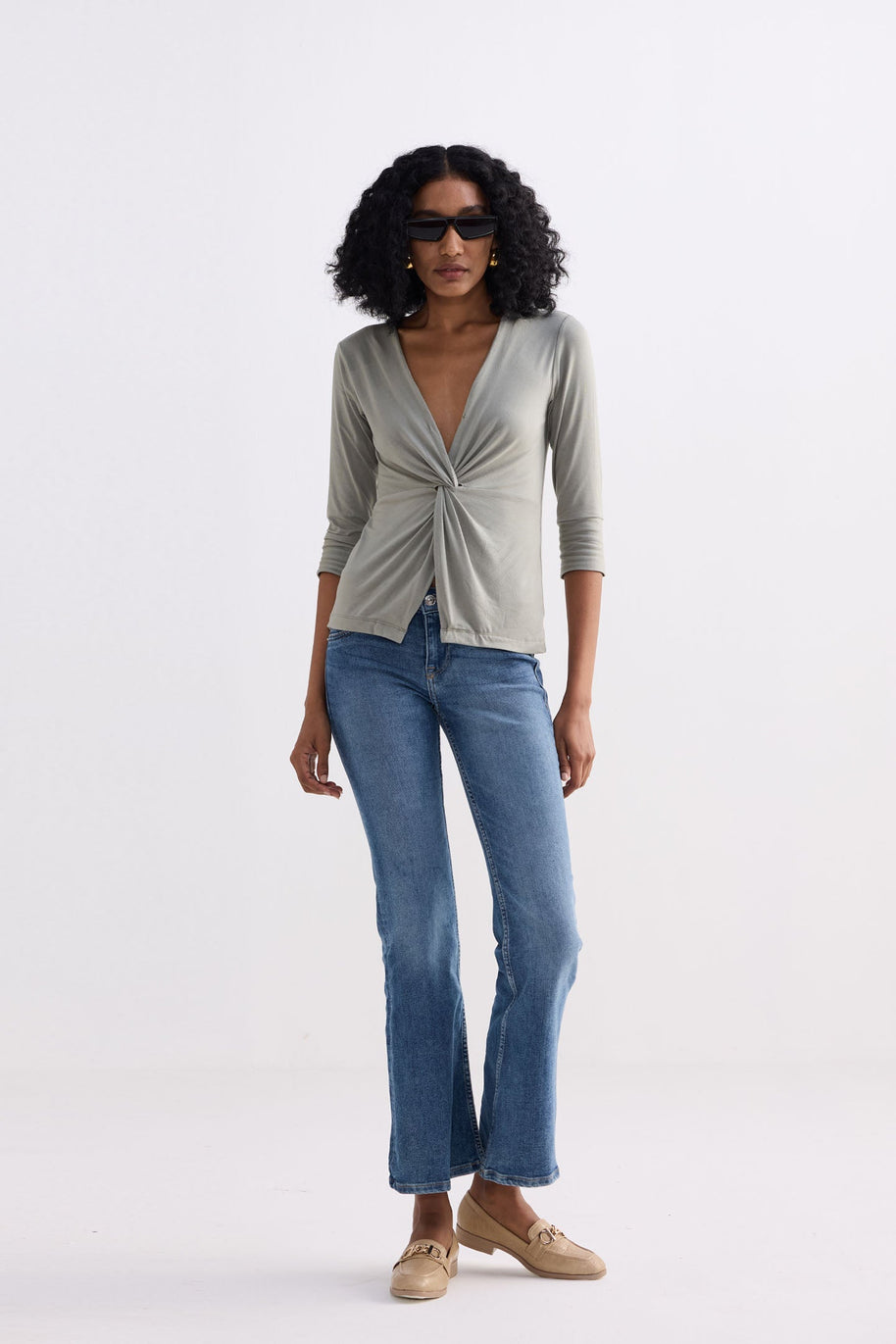 Twist Front Knit Shirt In Light Olive