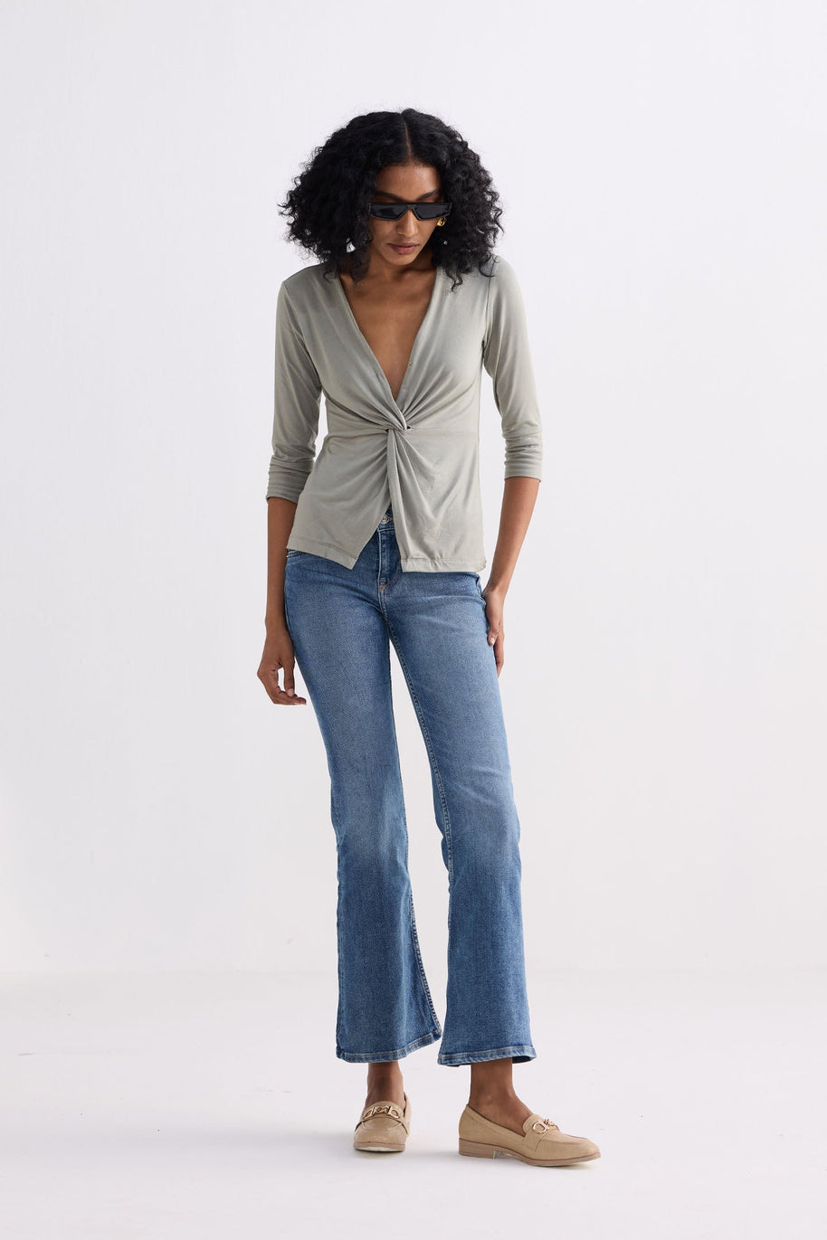 Twist Front Knit Shirt In Light Olive