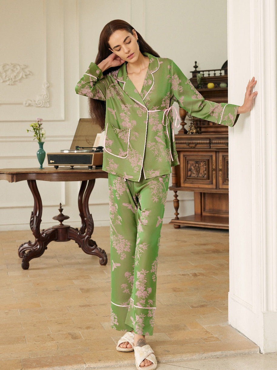Ulivary Elegant Pink Green Oriental Pajama Set With Asymmetrical Collar