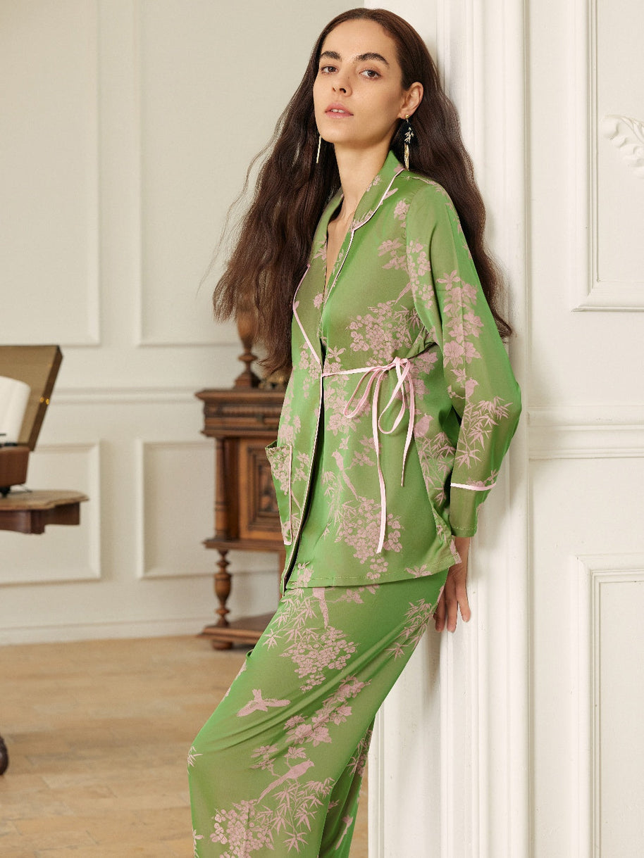 Ulivary Elegant Pink Green Oriental Pajama Set With Asymmetrical Collar