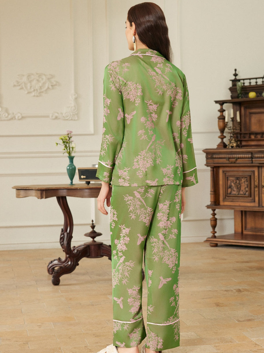 Ulivary Elegant Pink Green Oriental Pajama Set With Asymmetrical Collar