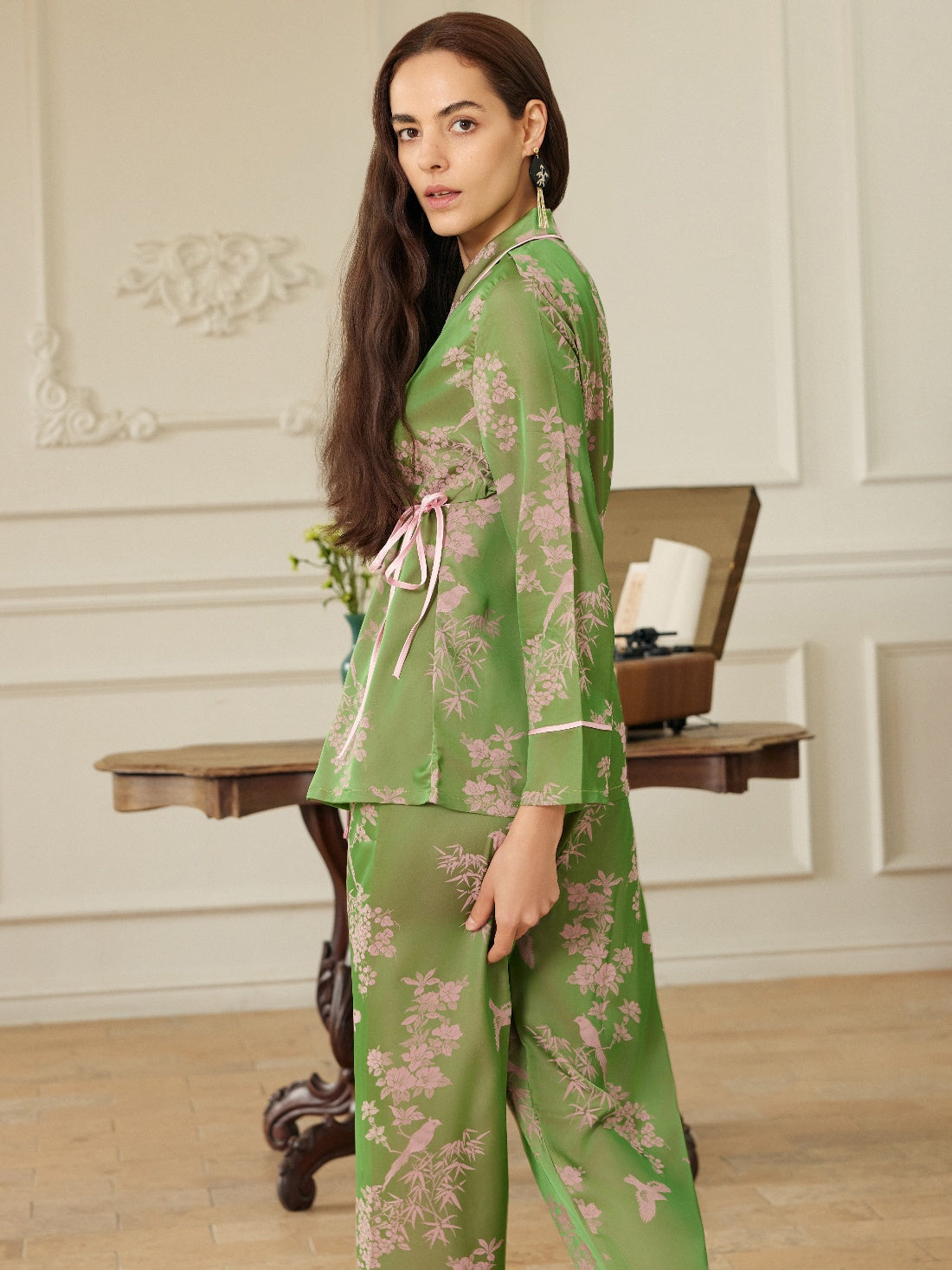Ulivary Elegant Pink Green Oriental Pajama Set With Asymmetrical Collar