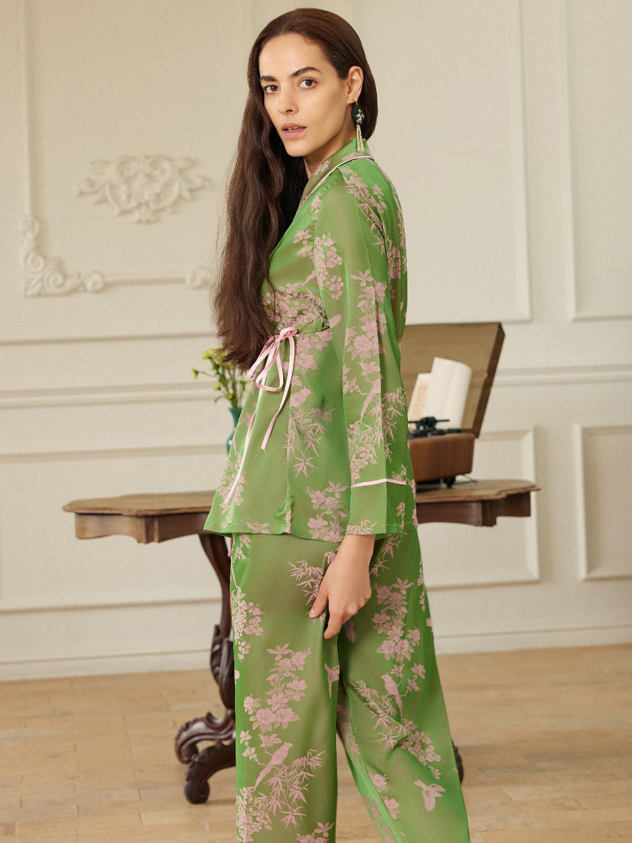 Ulivary Elegant Pink Green Oriental Pajama Set With Asymmetrical Collar