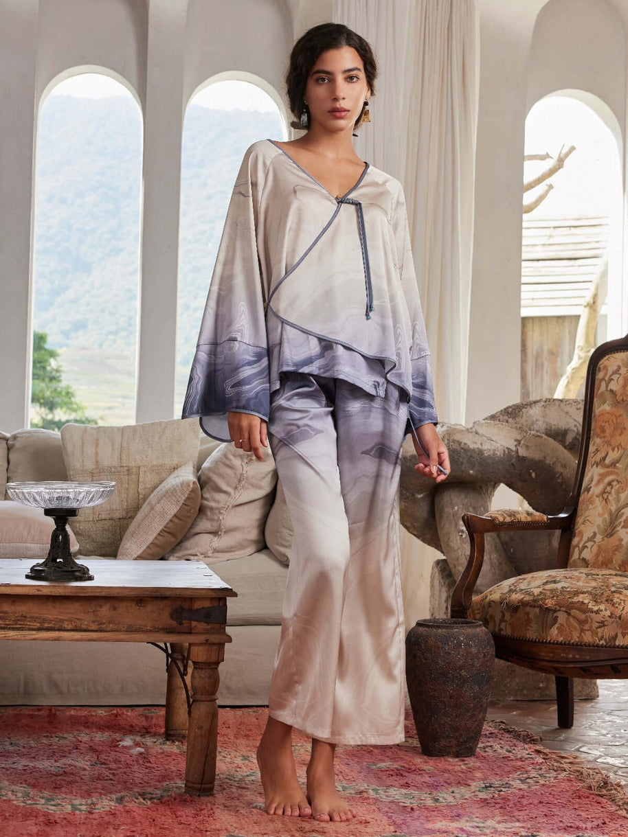 Ulivary Asian Vintage Texture Painting Pajama Set 2Pcs With Blouse And Pants