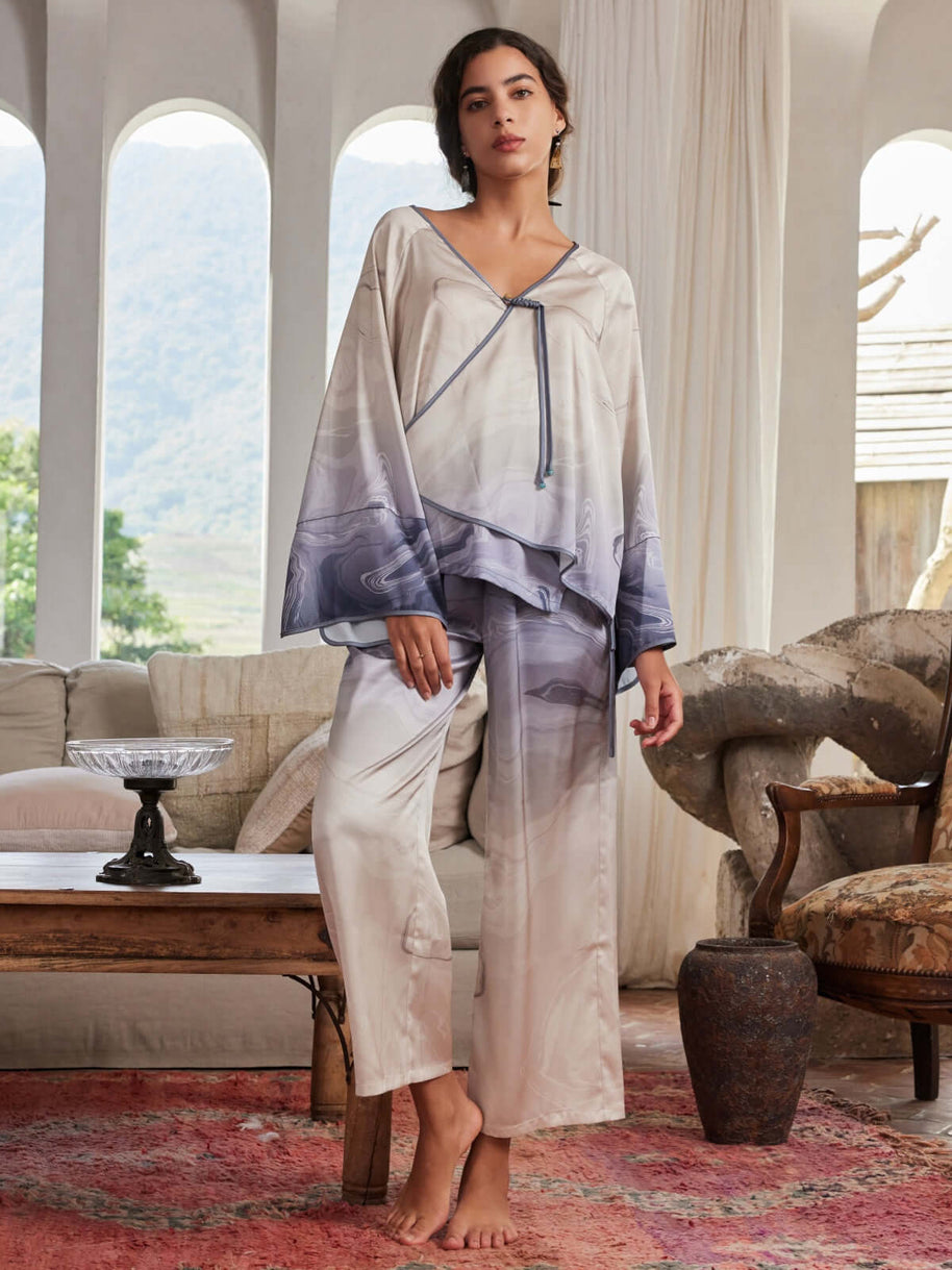 Ulivary Asian Vintage Texture Painting Pajama Set 2Pcs With Blouse And Pants
