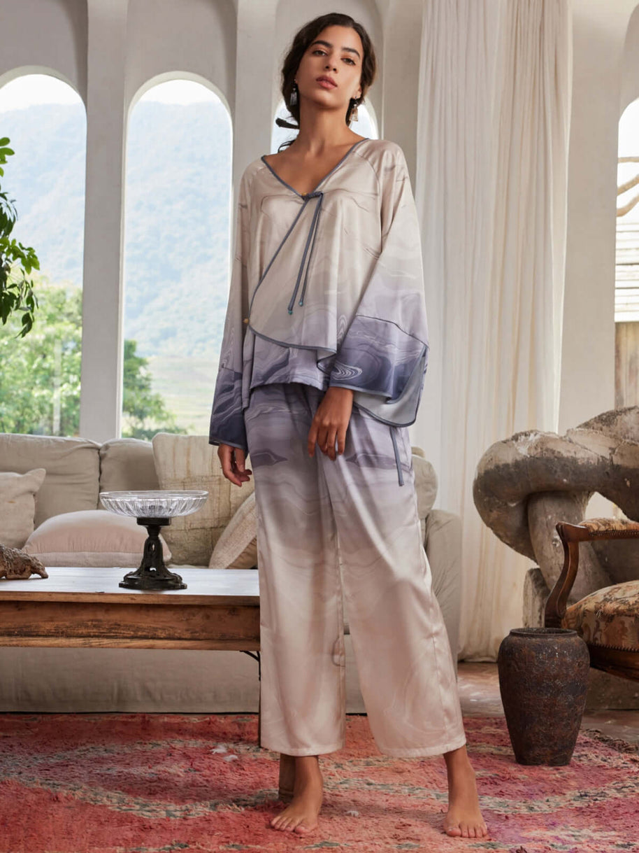 Ulivary Asian Vintage Texture Painting Pajama Set 2Pcs With Blouse And Pants