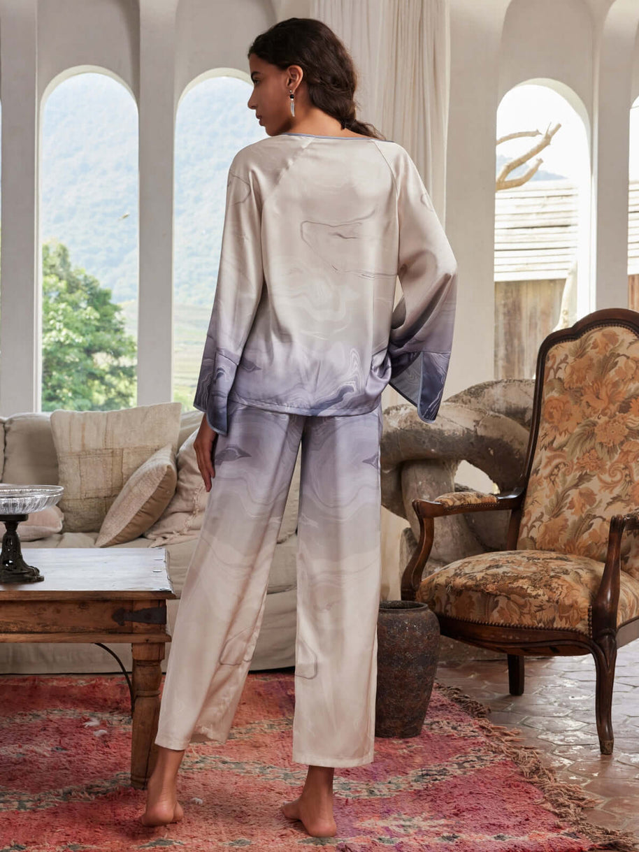 Ulivary Asian Vintage Texture Painting Pajama Set 2Pcs With Blouse And Pants