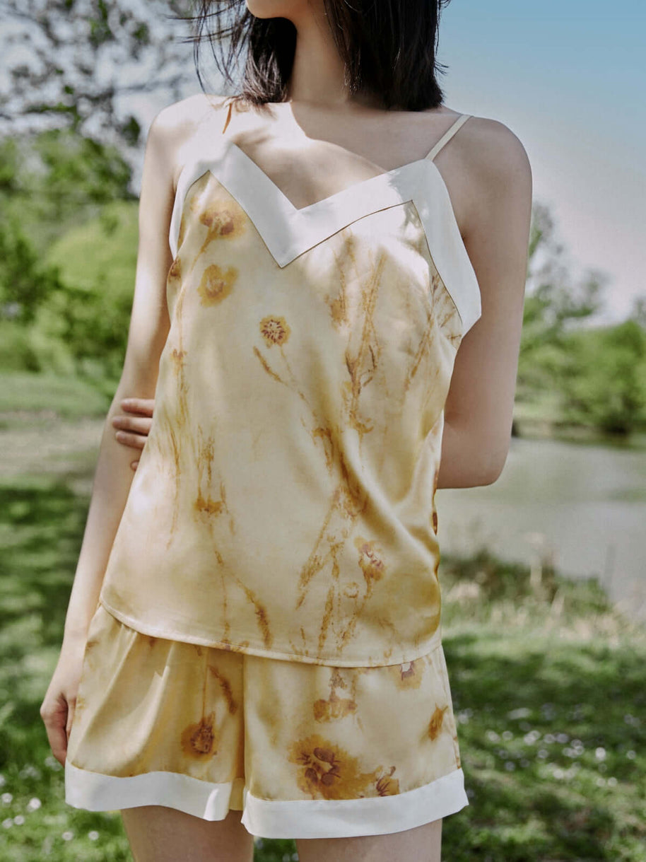 Ulivary Floral Gold Camisole and Shorts Pajama Set with Pockets