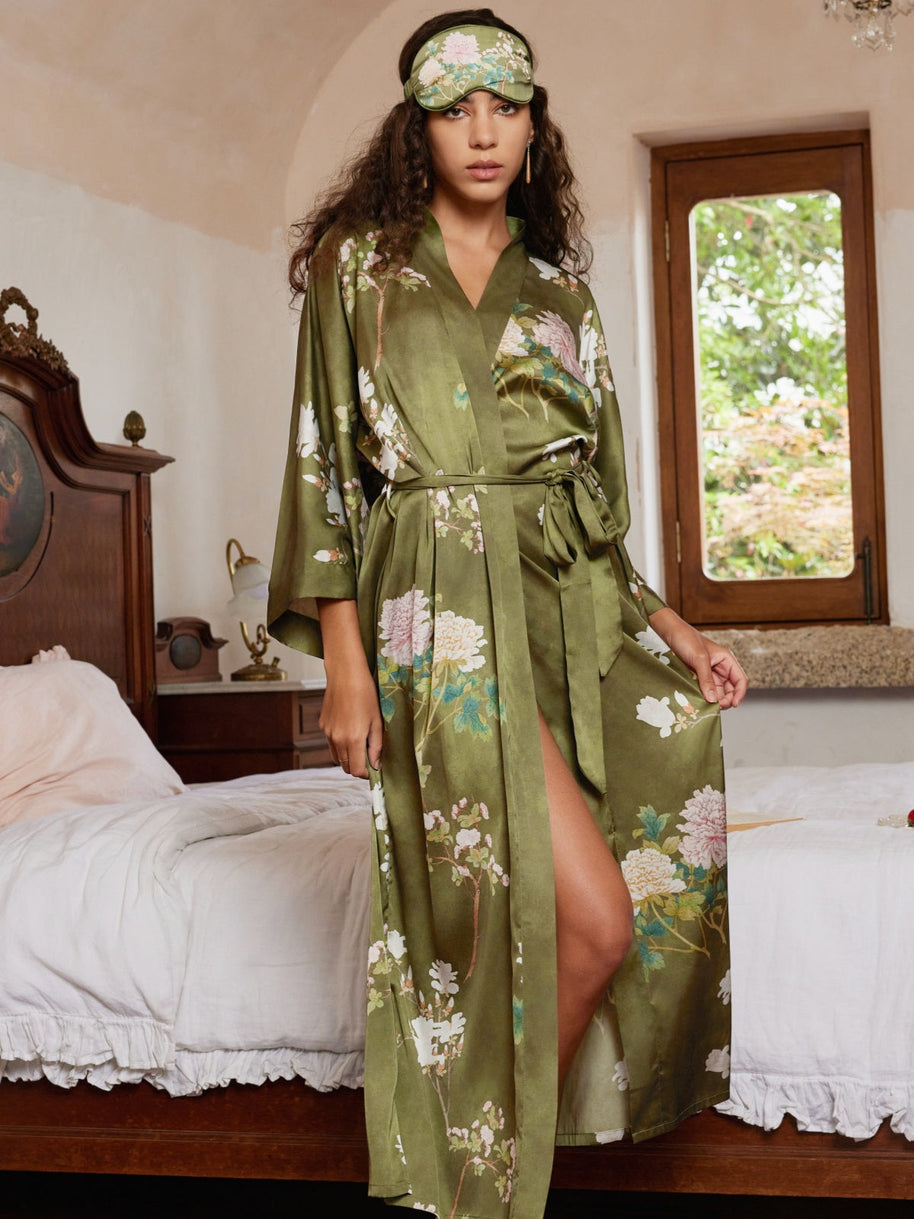 Ulivary Floral Olive Kimono Robe