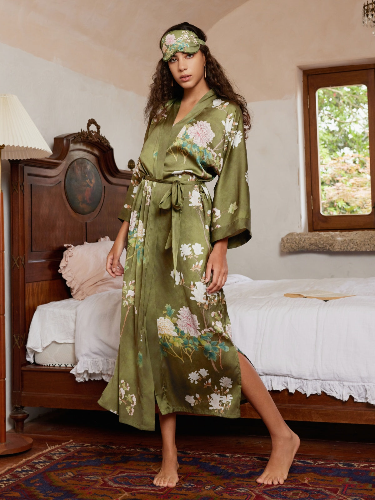 Ulivary Floral Olive Kimono Robe