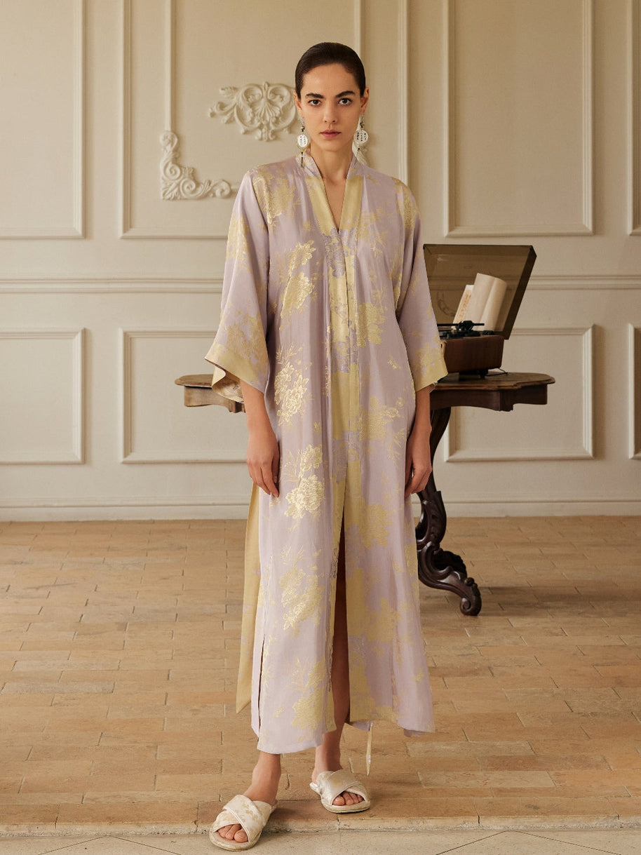 Ulivary Reversible Lavender & Gold Jacquard Kimono Robe