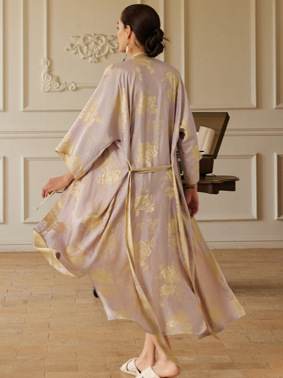 Ulivary Reversible Lavender & Gold Jacquard Kimono Robe