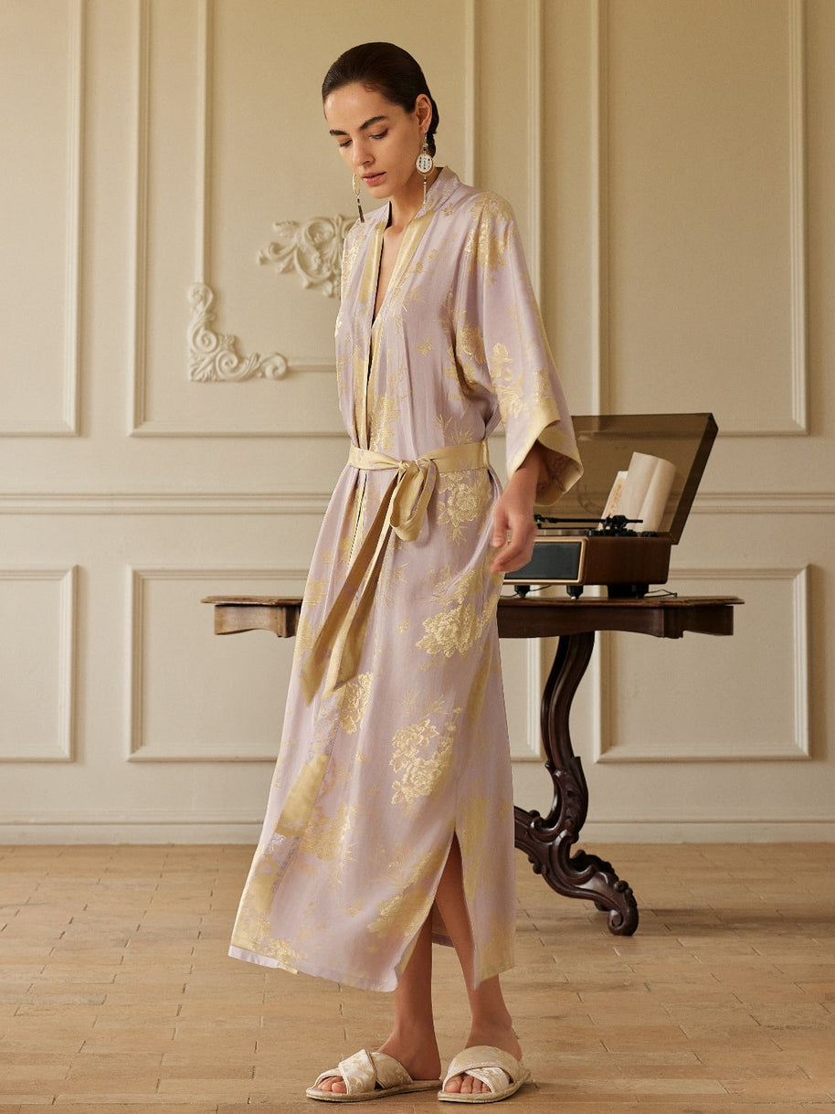 Ulivary Reversible Lavender & Gold Jacquard Kimono Robe