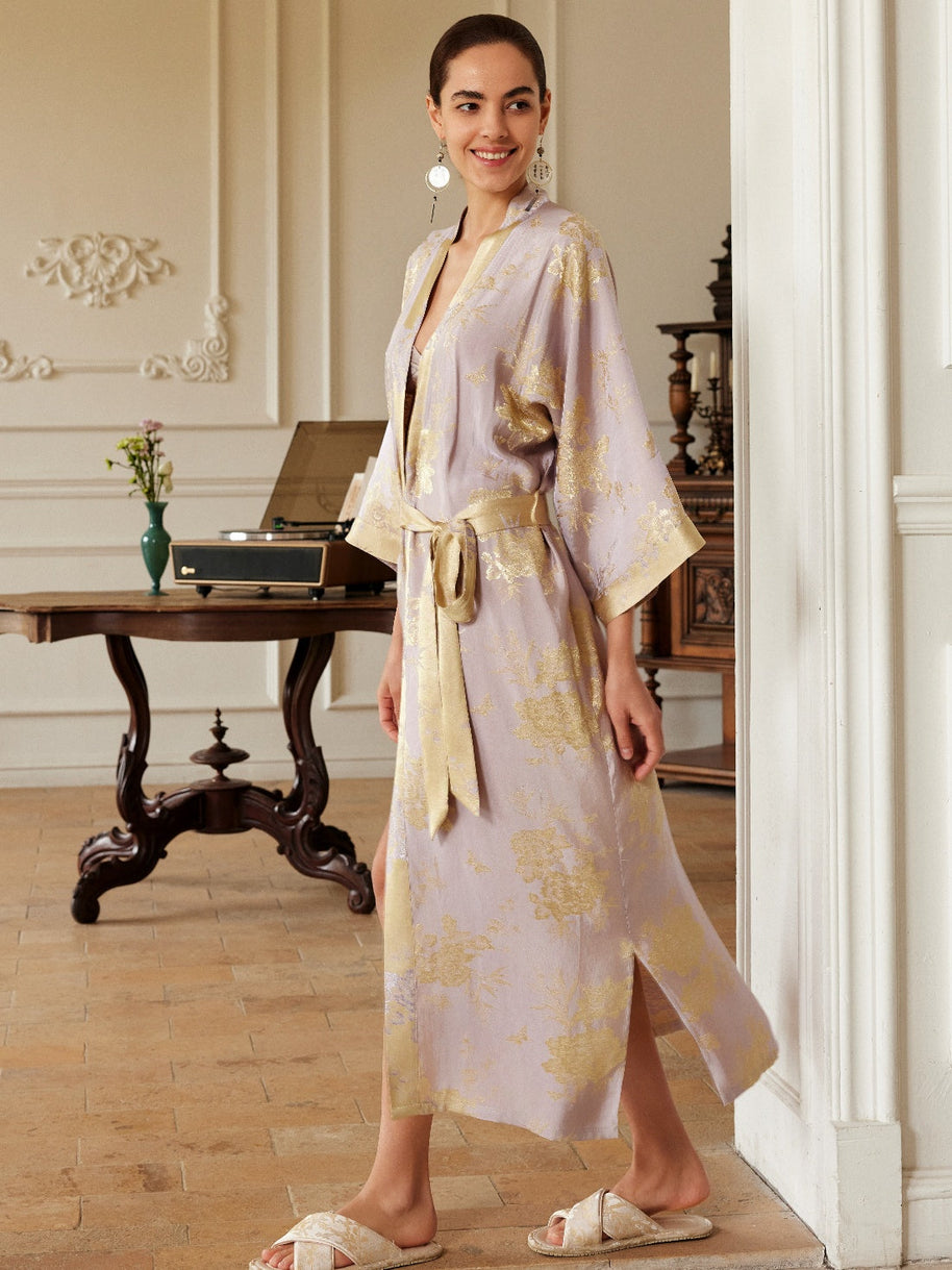 Ulivary Reversible Lavender & Gold Jacquard Kimono Robe