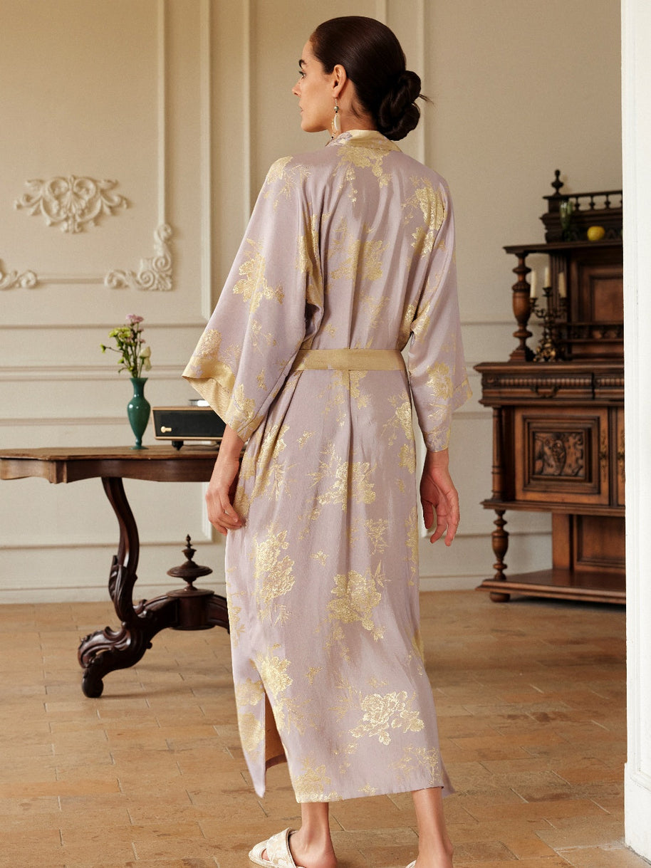 Ulivary Reversible Lavender & Gold Jacquard Kimono Robe