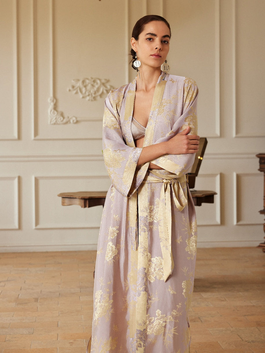 Ulivary Reversible Lavender & Gold Jacquard Kimono Robe