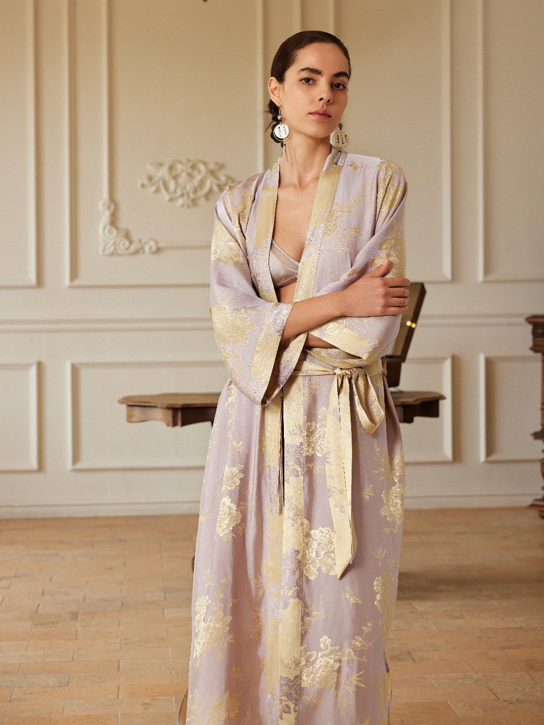 Ulivary Reversible Lavender & Gold Jacquard Kimono Robe