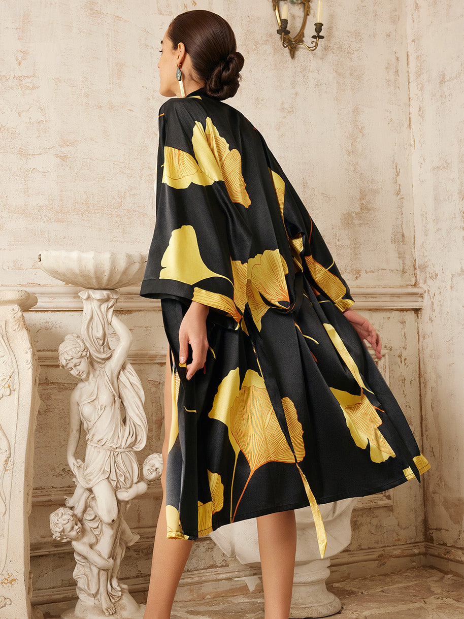 Ulivary Yellow Ginkgo Leaf Print Black Kimono Robe