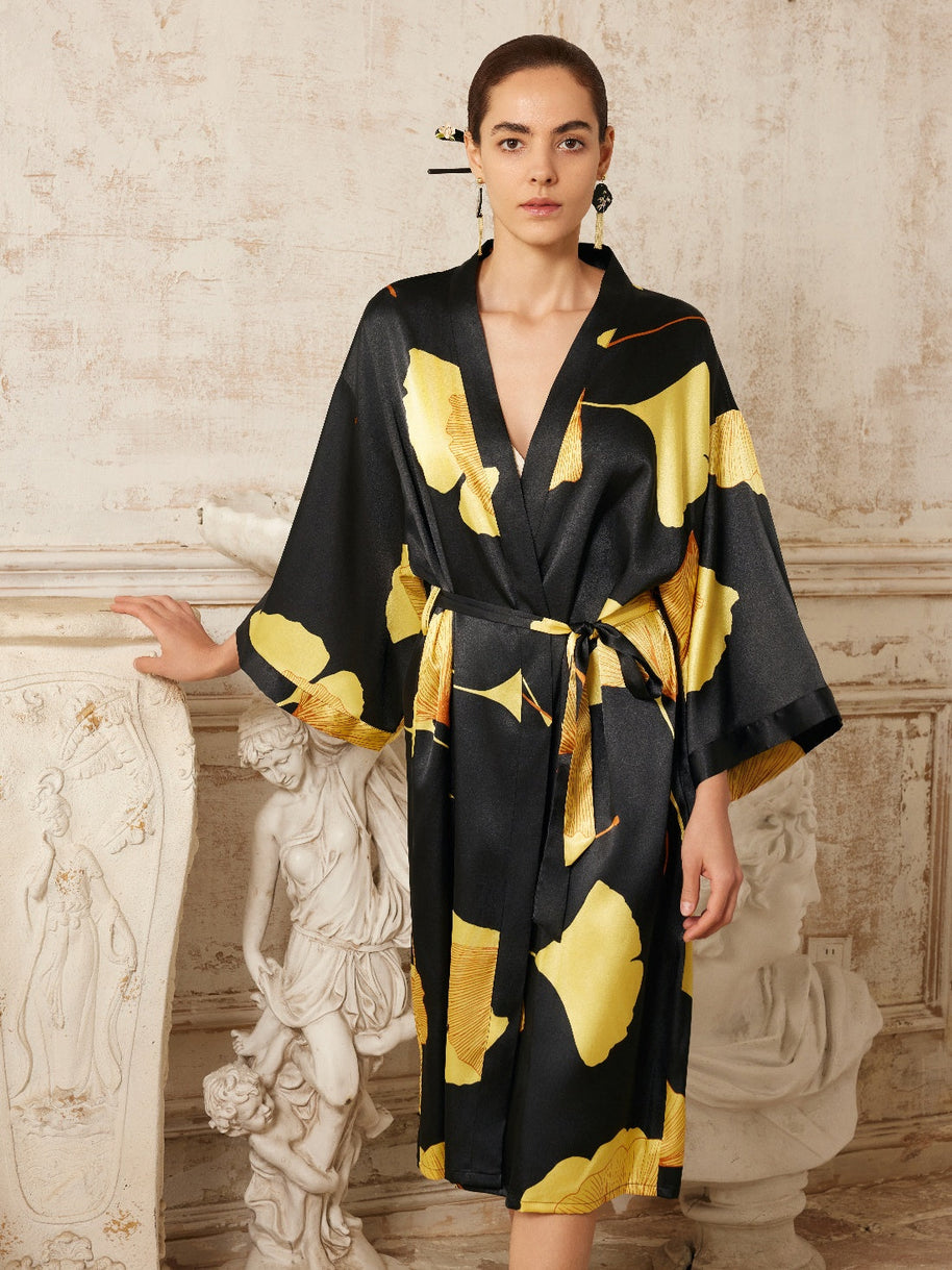 Ulivary Yellow Ginkgo Leaf Print Black Kimono Robe